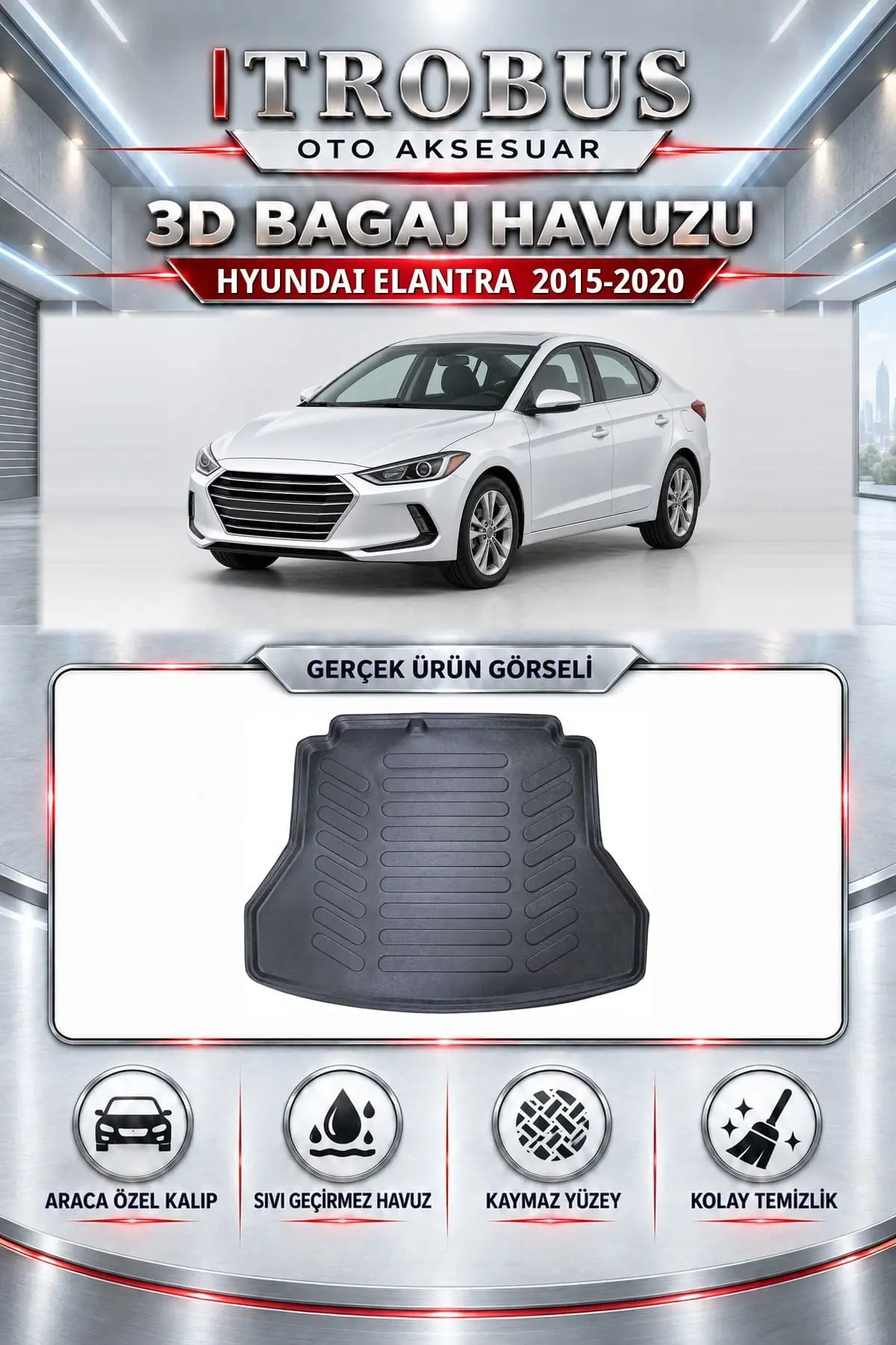 Hyundai Elantra 2015-2020 Araca Özel 3D Bagaj Havuzu