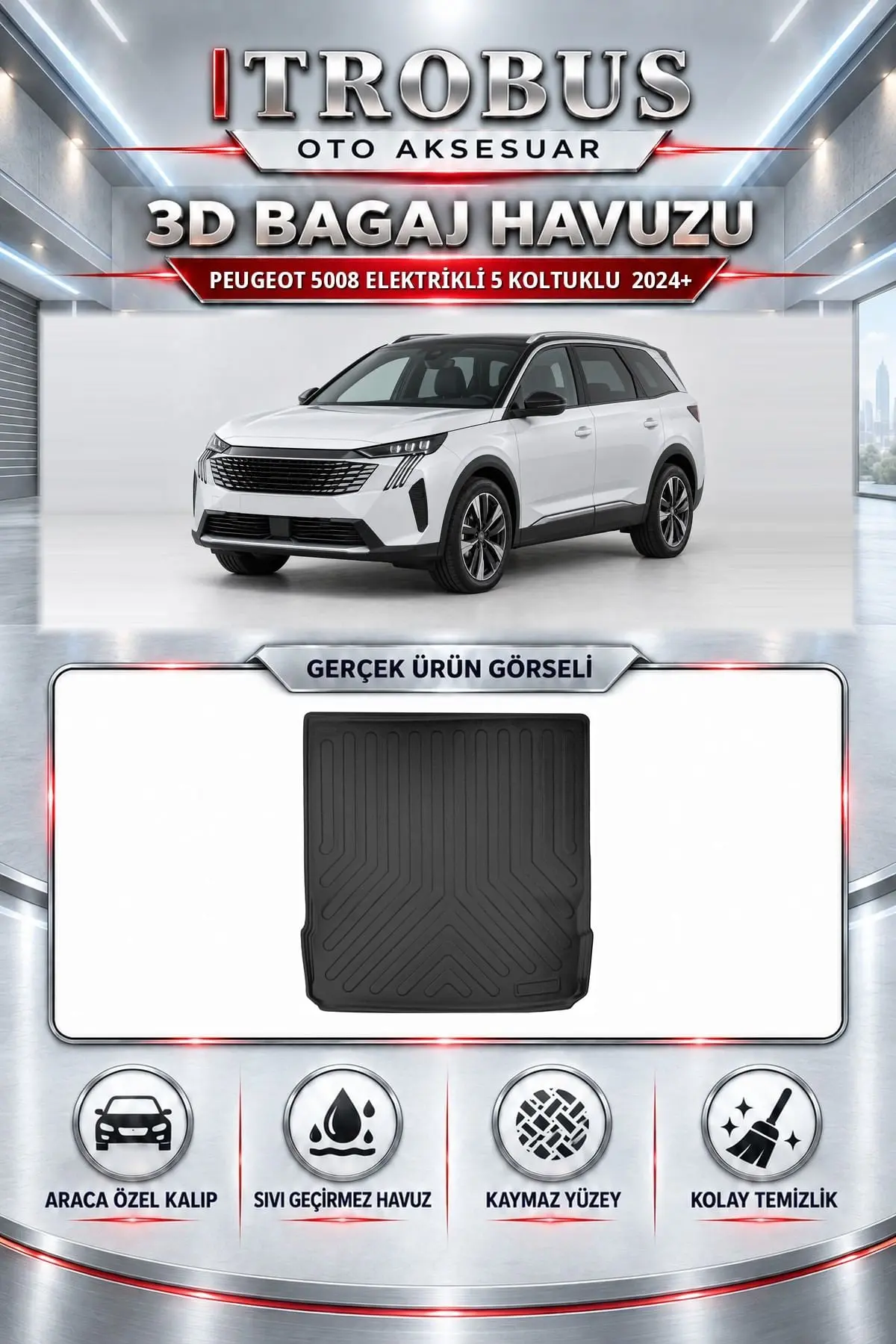 Peugeot 5008 2024 Sonrası Elektrikli 5 Koltuklu Araca Özel 3D Bagaj Havuzu