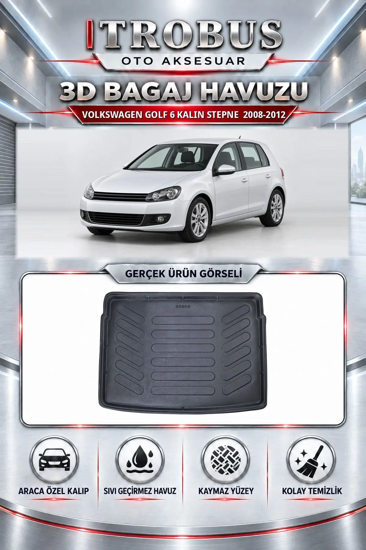 Volkswagen Golf 6 2008-2012 Kalın Stepne Araca Özel 3D Bagaj Havuzu