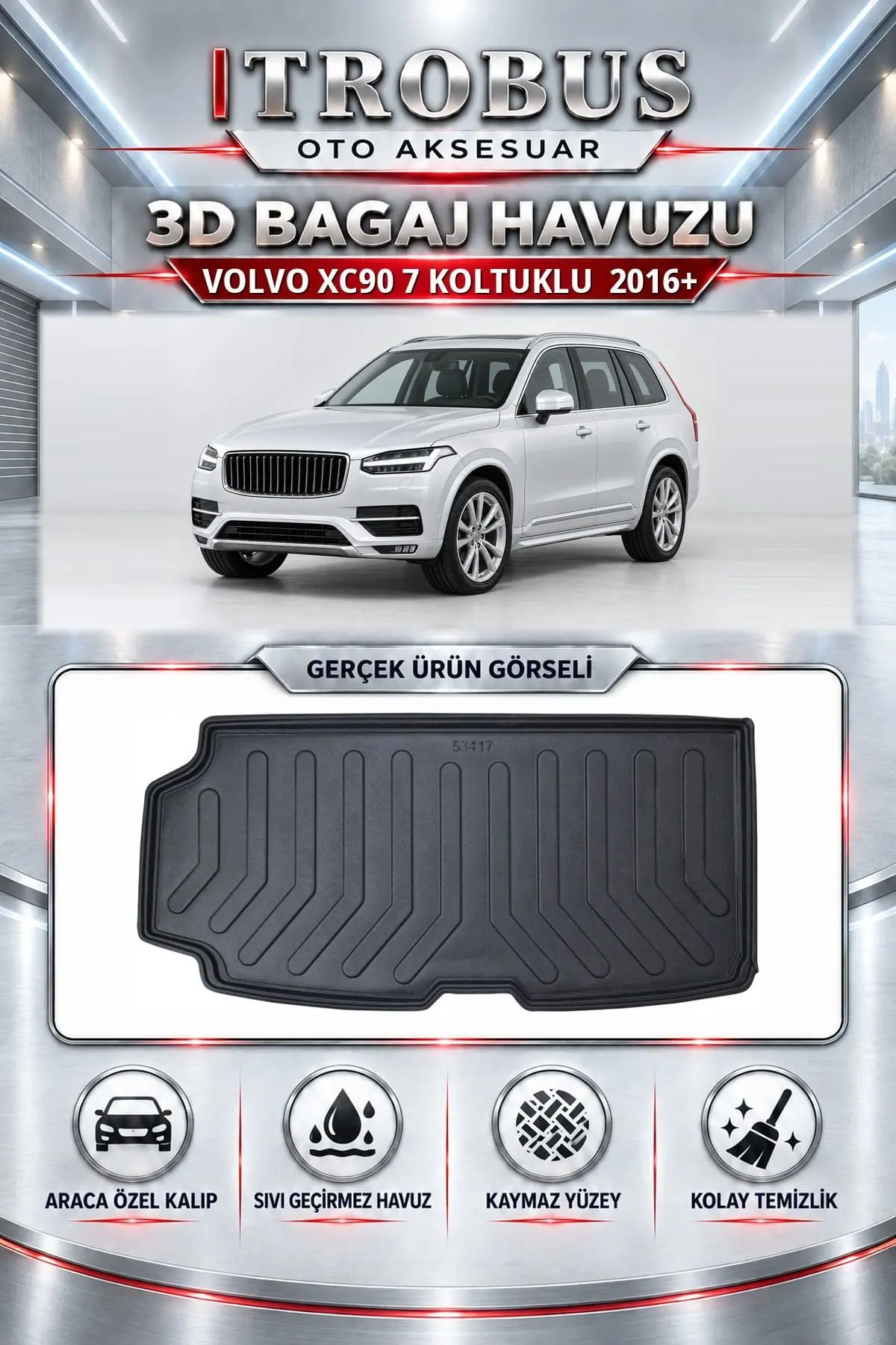 Volvo XC90 2016 Sonrası 7 Koltuklu Araca Özel 3D Bagaj Havuzu
