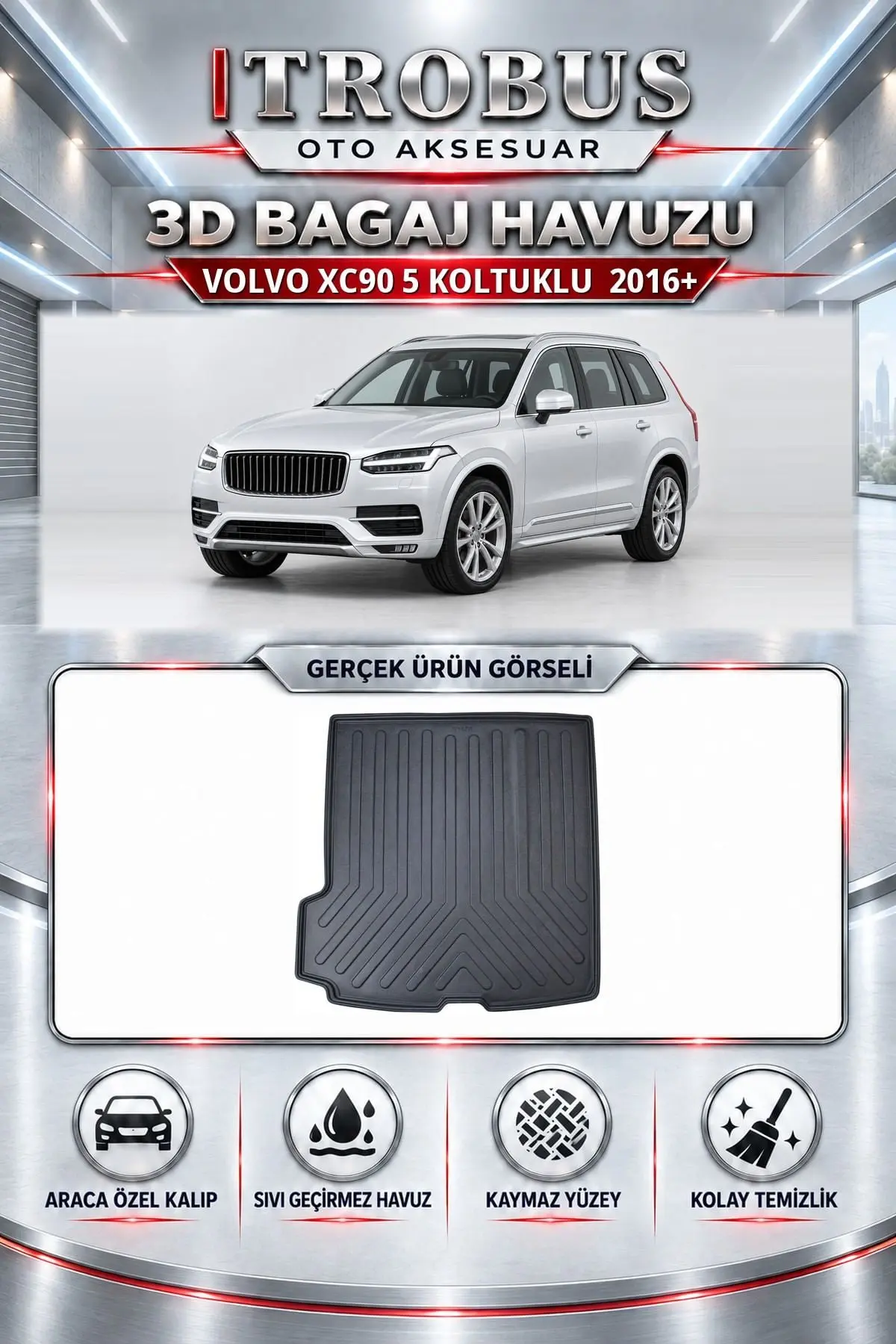 Volvo XC90 2016 Sonrası 5 Koltuklu Araca Özel 3D Bagaj Havuzu