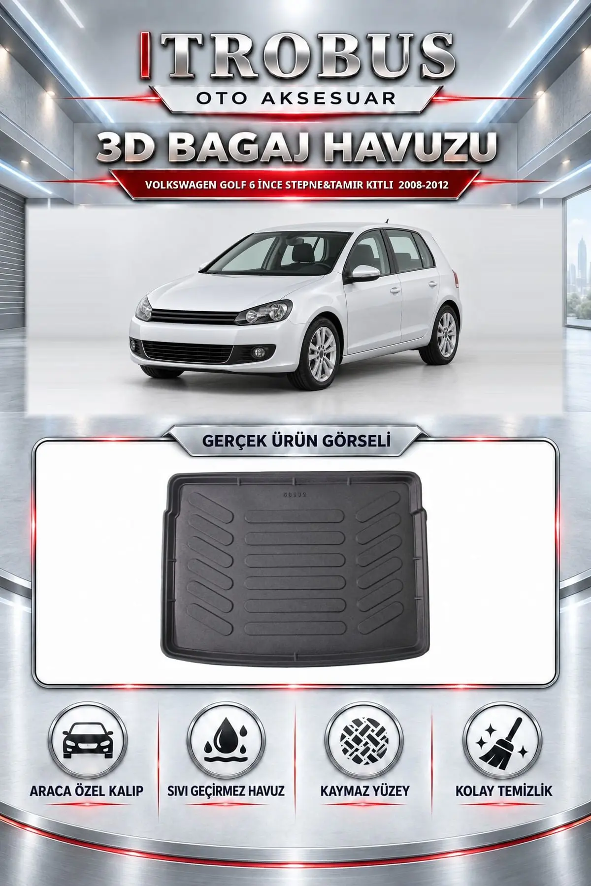 Volkswagen Golf 6 2008-2012 İnce Stepne&Tamir Kitli Araca Özel 3D Bagaj Havuzu