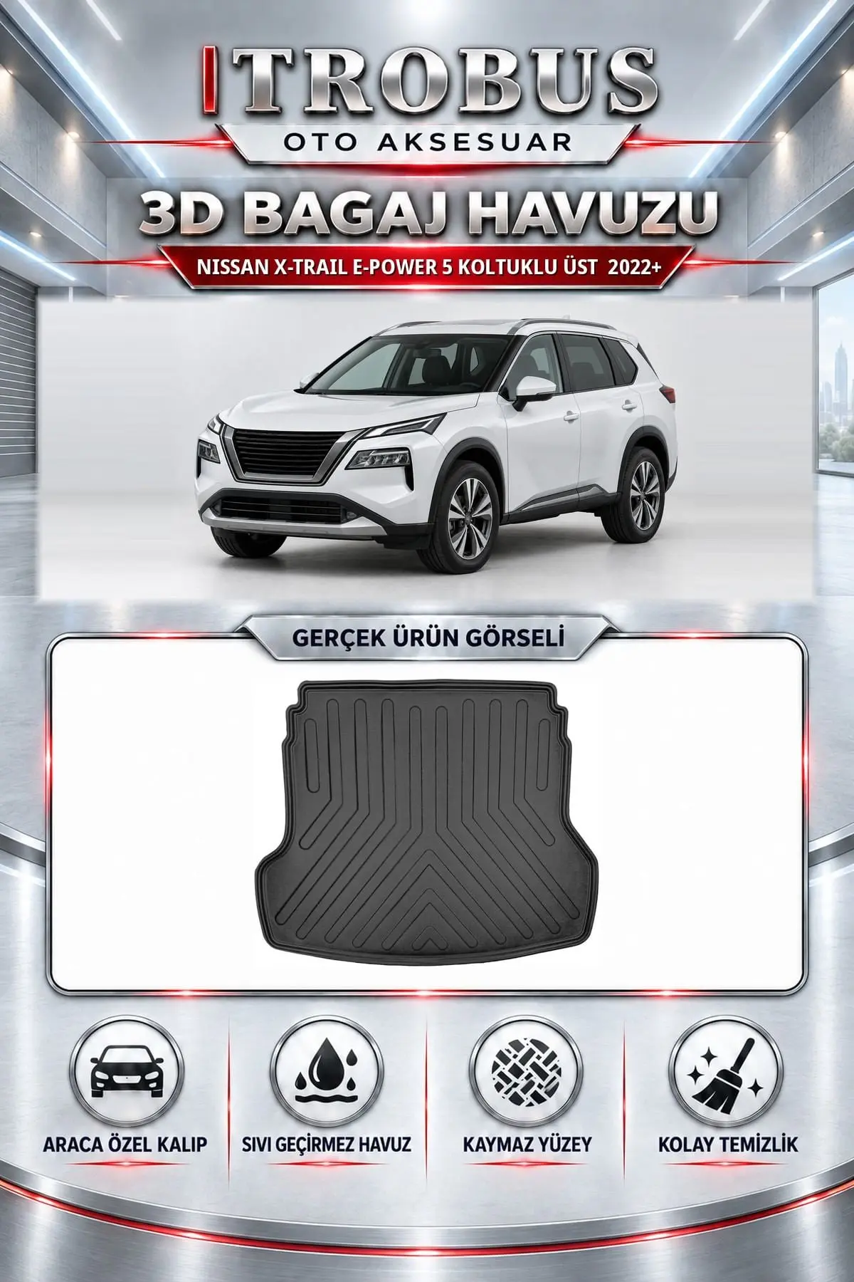Nissan X-Trail E-Power 2022 Sonrası 5 Koltuklu Üst Araca Özel 3D Bagaj Havuzu