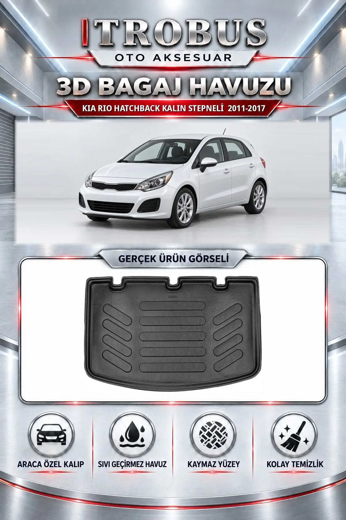 Kia Rio 2011-2017 Hatchback Kalın Stepneli Araca Özel 3D Bagaj Havuzu