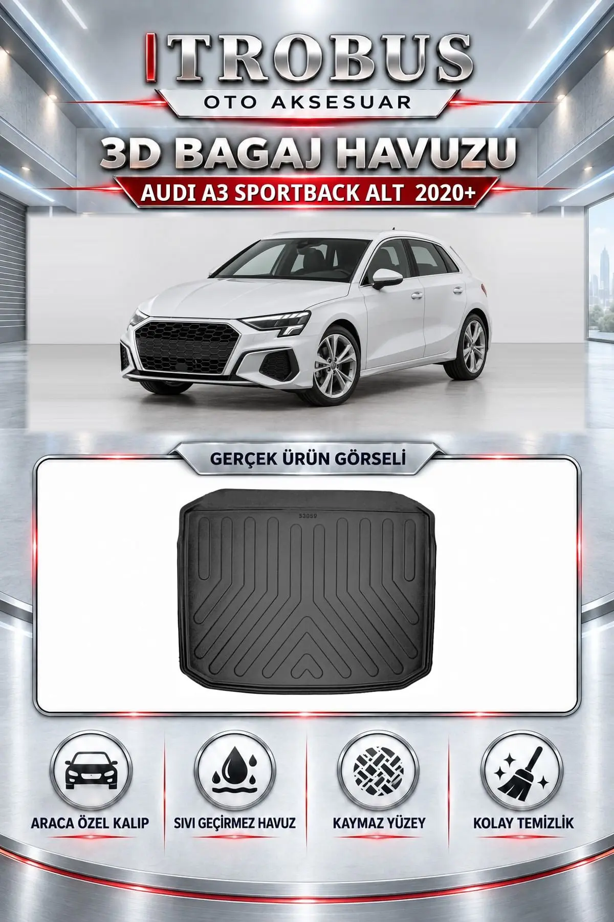 Audi A3 2020 Sonrası Sportback Alt Araca Özel 3D Bagaj Havuzu