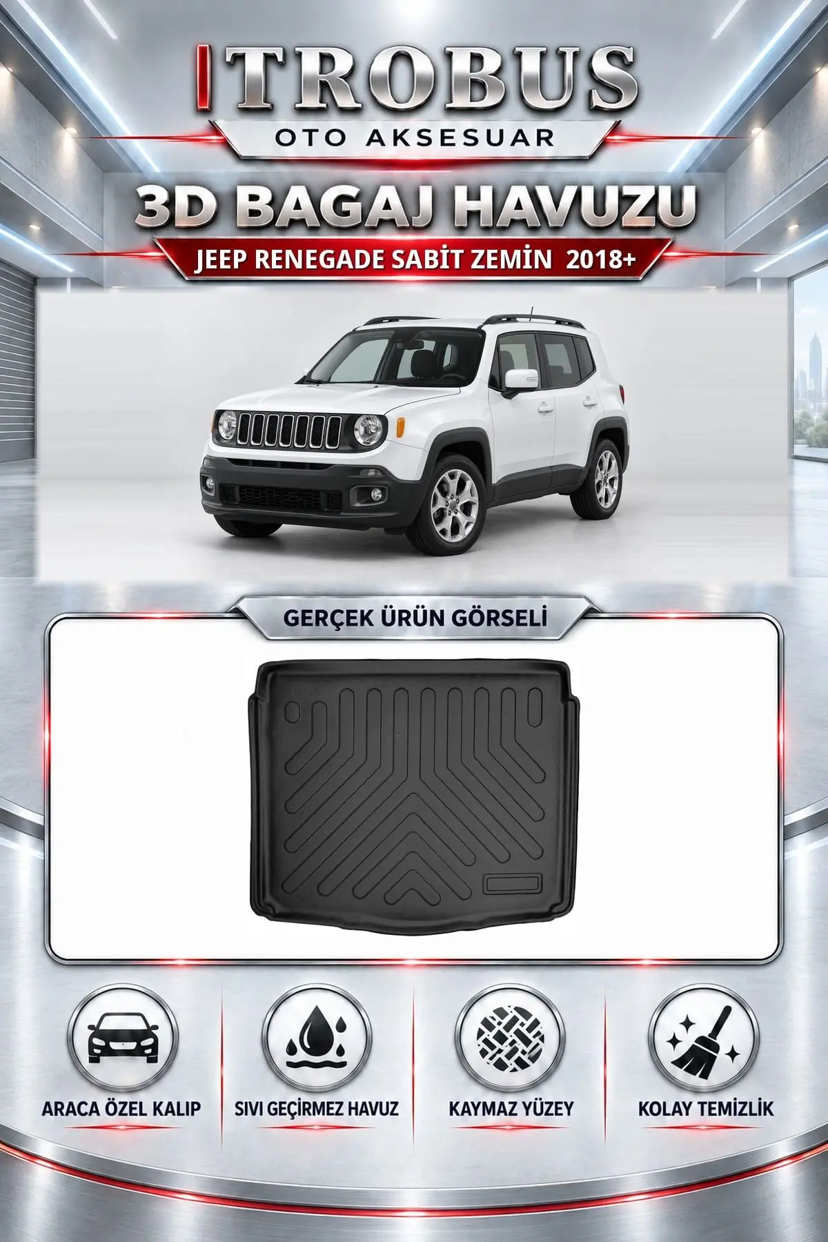 Jeep Renegade 2018 Sonrası Sabit Zemin Araca Özel 3D Bagaj Havuzu