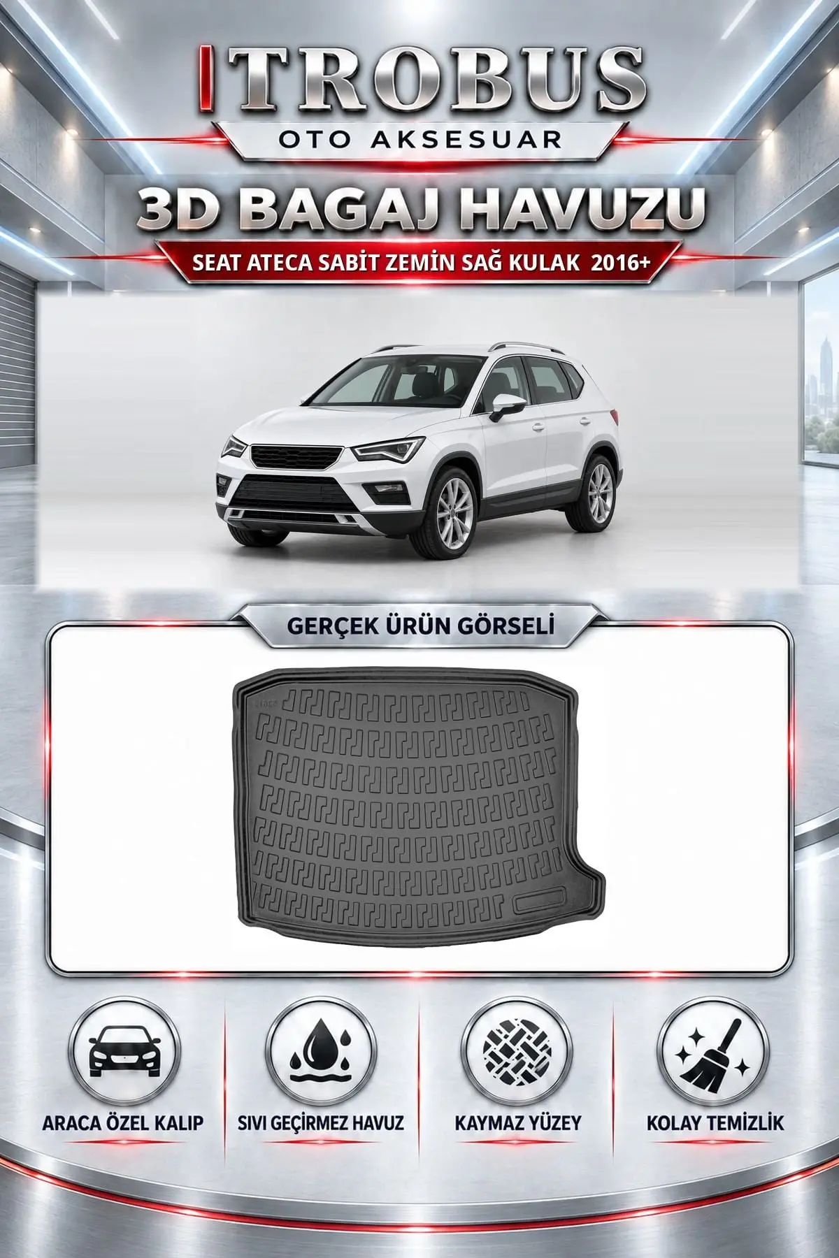 Seat Ateca 2016 Sonrası Sabit Zemin Sağ Kulak Araca Özel 3D Bagaj Havuzu