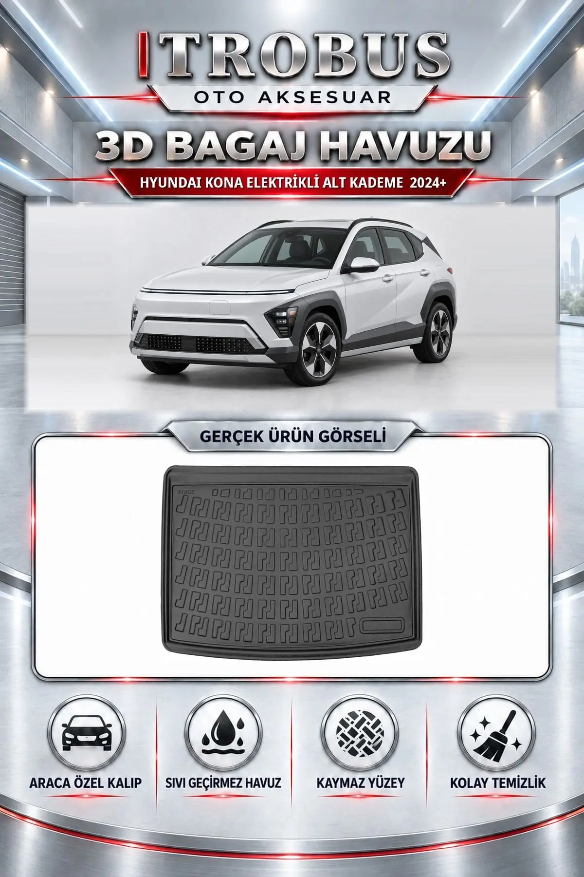 Hyundai Kona Elektrikli 2024 Sonrası Alt Kademe Araca Özel 3D Bagaj Havuzu
