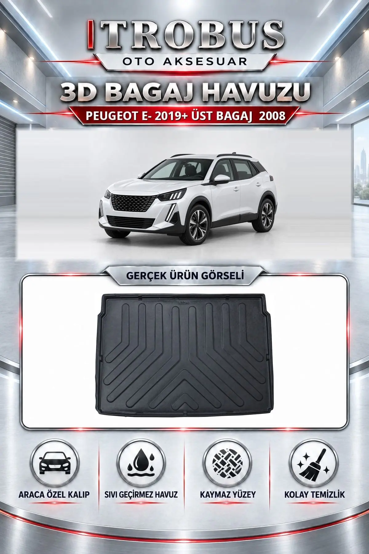 Peugeot E-2008 2019 Sonrası Üst Bagaj Araca Özel 3D Bagaj Havuzu