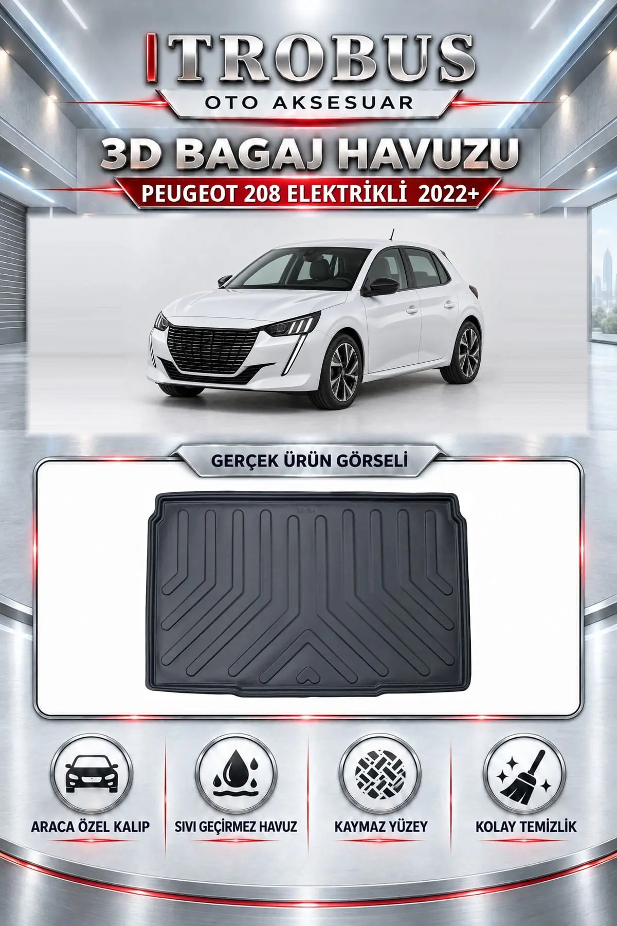 Peugeot 208 Elektrikli 2022 Sonrası Araca Özel 3D Bagaj Havuzu