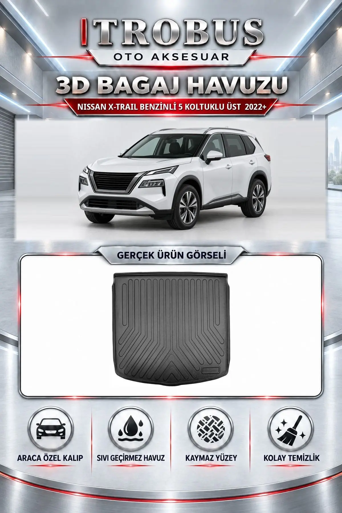 Nissan X-Trail Benzinli 2022 Sonrası 5 Koltuklu Üst Araca Özel 3D Bagaj Havuzu