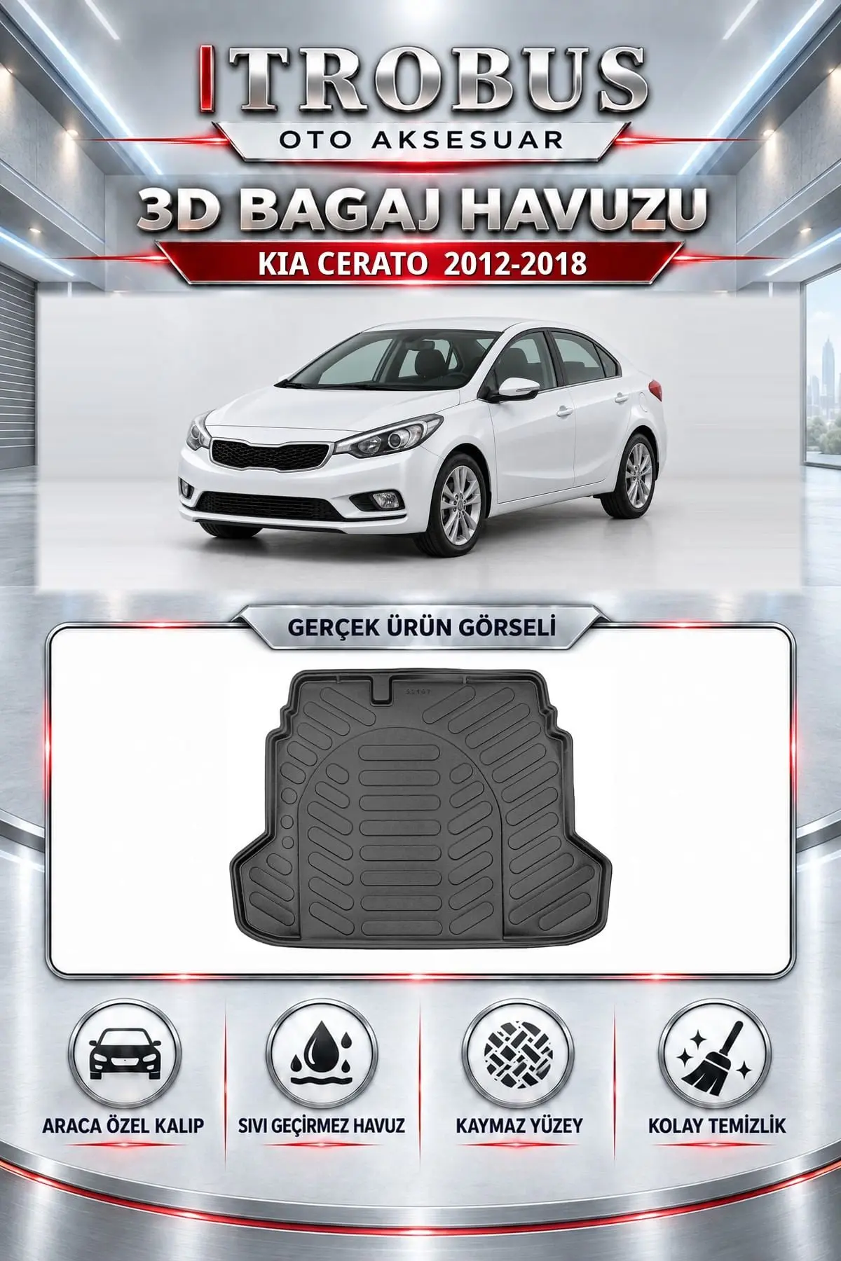 Kia Cerato 2012-2018 Araca Özel 3D Bagaj Havuzu