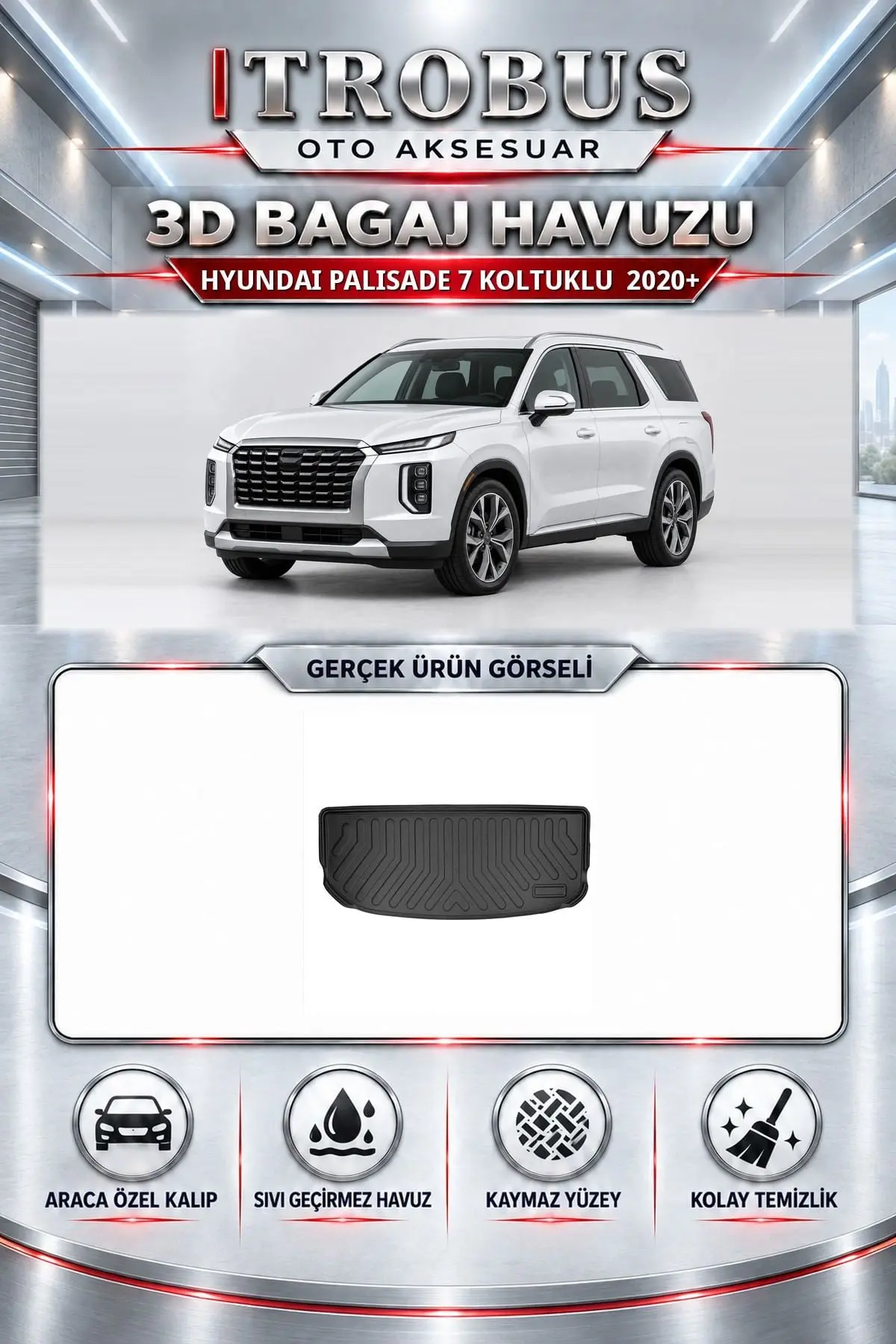 Hyundai Palisade 2020 Sonrası 7 Koltuklu Araca Özel 3D Bagaj Havuzu