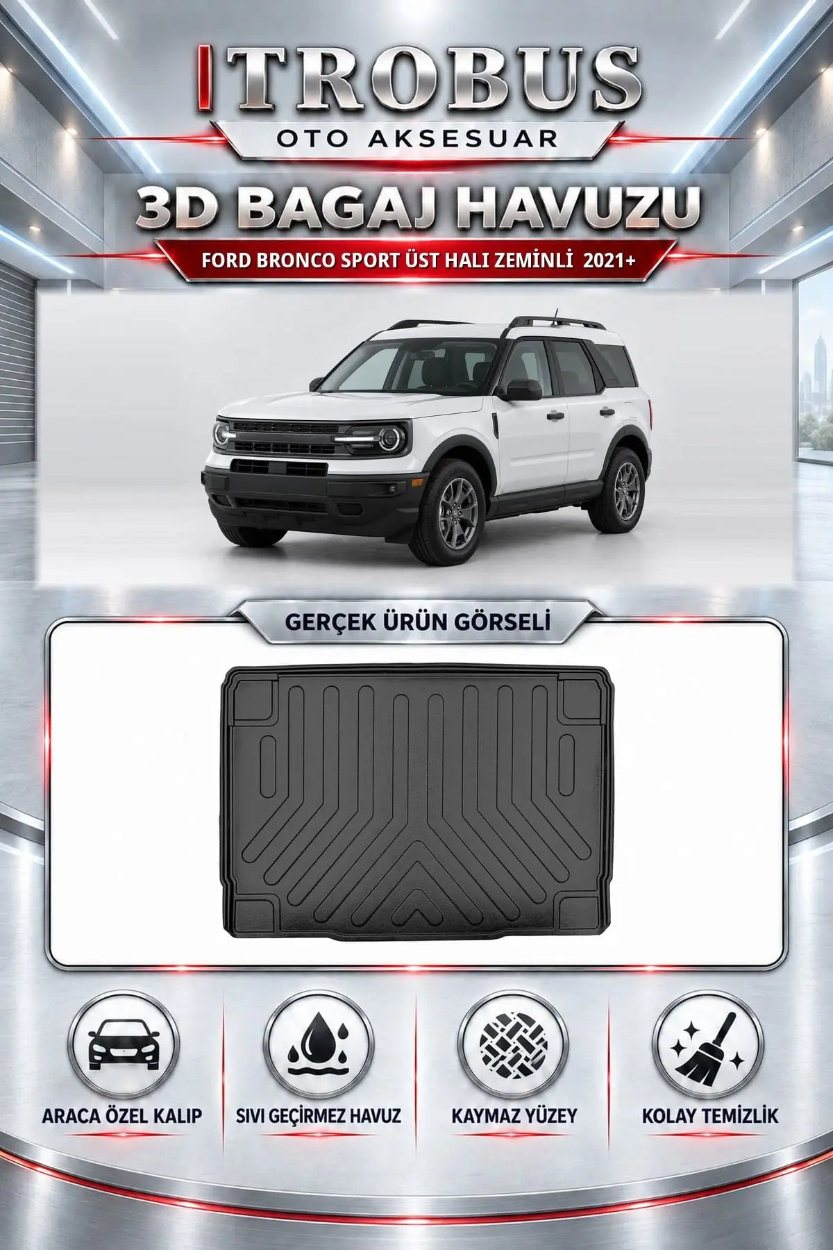 Ford Bronco Sport 2021 Sonrası Üst Halı Zeminli Araca Özel 3D Bagaj Havuzu