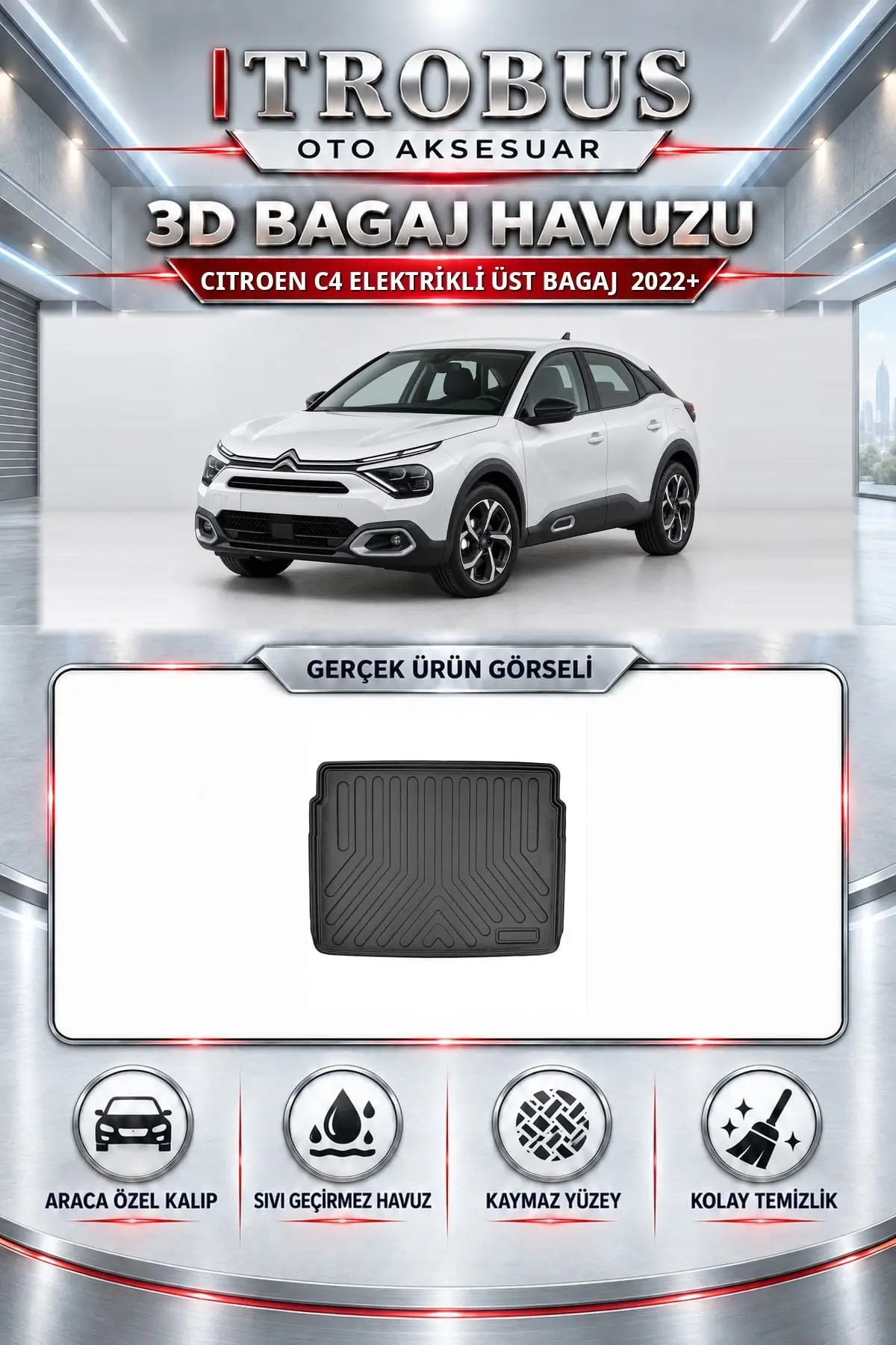 Citroen C4 Elektrikli 2022 Sonrası Üst Bagaj Araca Özel 3D Bagaj Havuzu