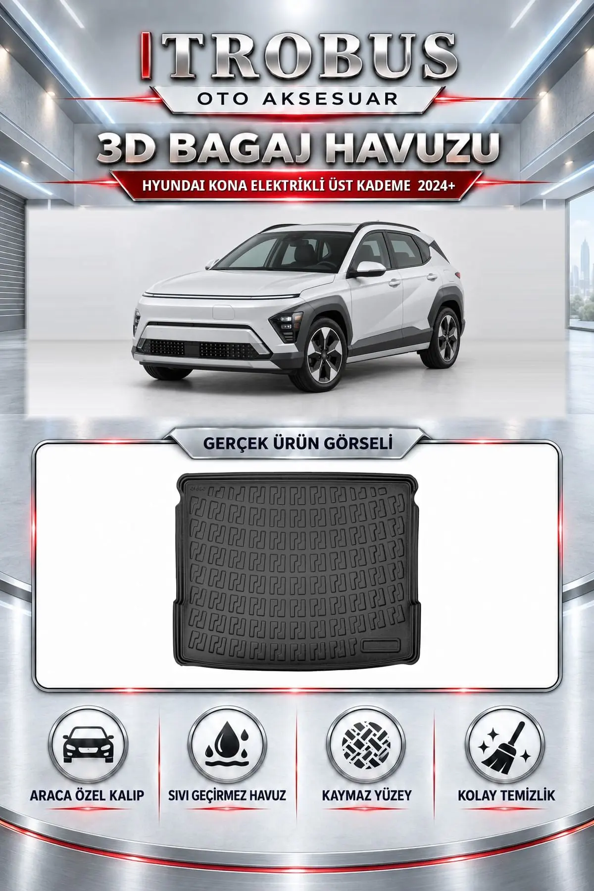 Hyundai Kona Elektrikli 2024 Sonrası Üst Kademe Araca Özel 3D Bagaj Havuzu