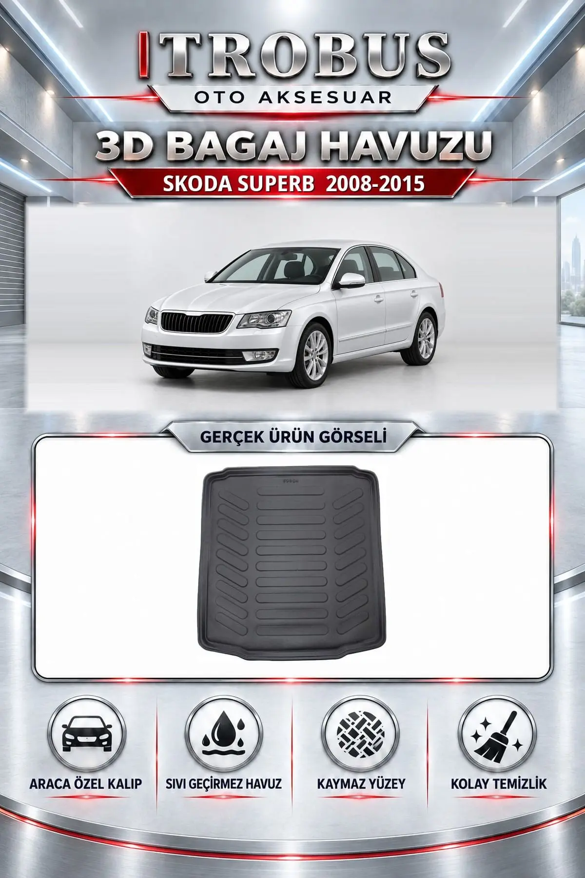 Skoda Superb 2008-2015 Araca Özel 3D Bagaj Havuzu