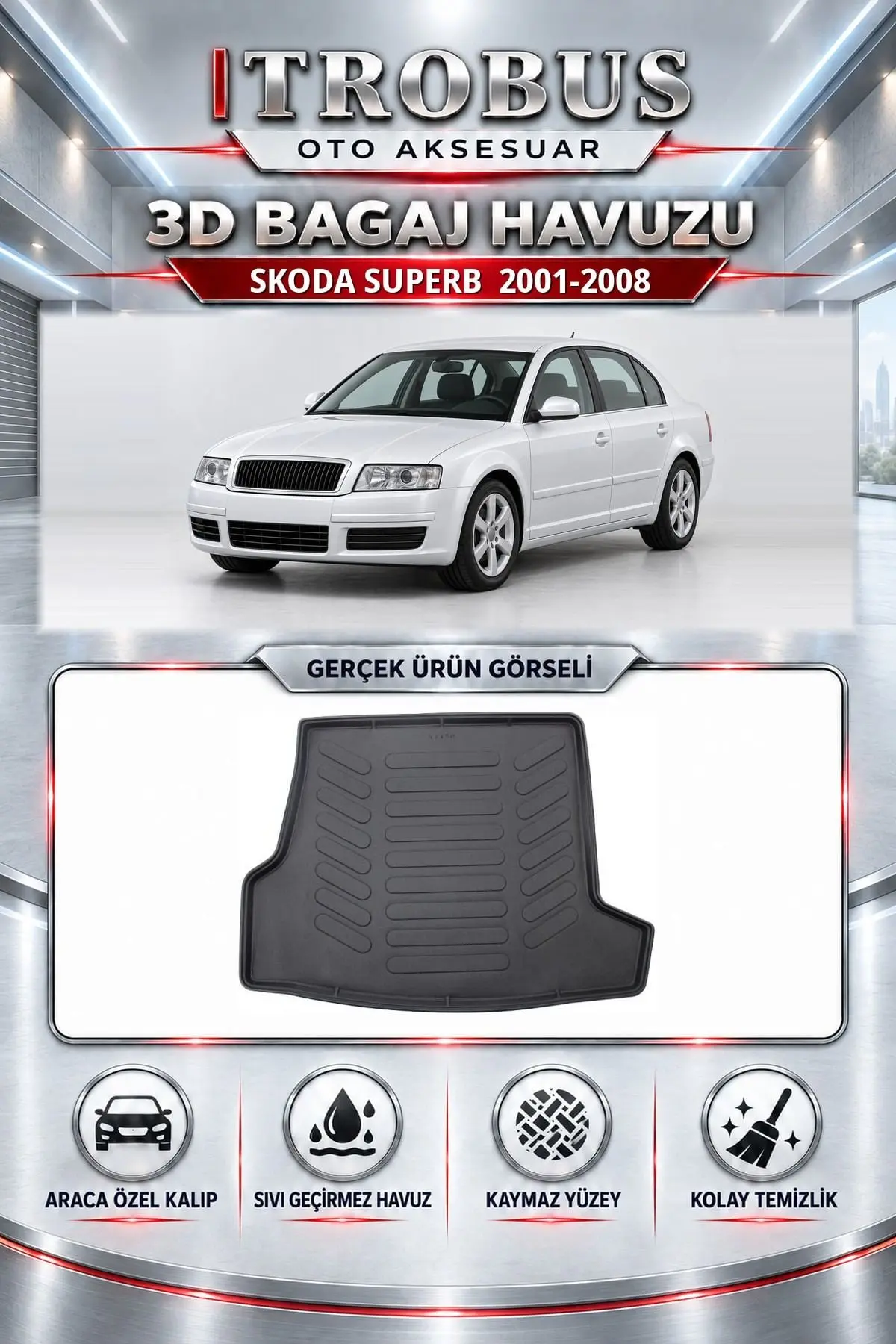 Skoda Superb 2001-2008 Araca Özel 3D Bagaj Havuzu