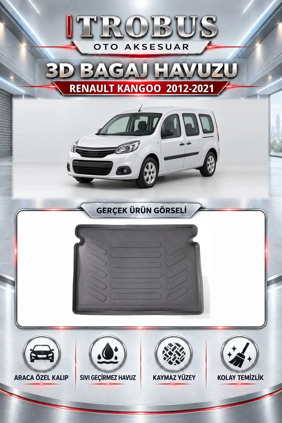 Renault Kangoo 2012-2021 Araca Özel 3D Bagaj Havuzu
