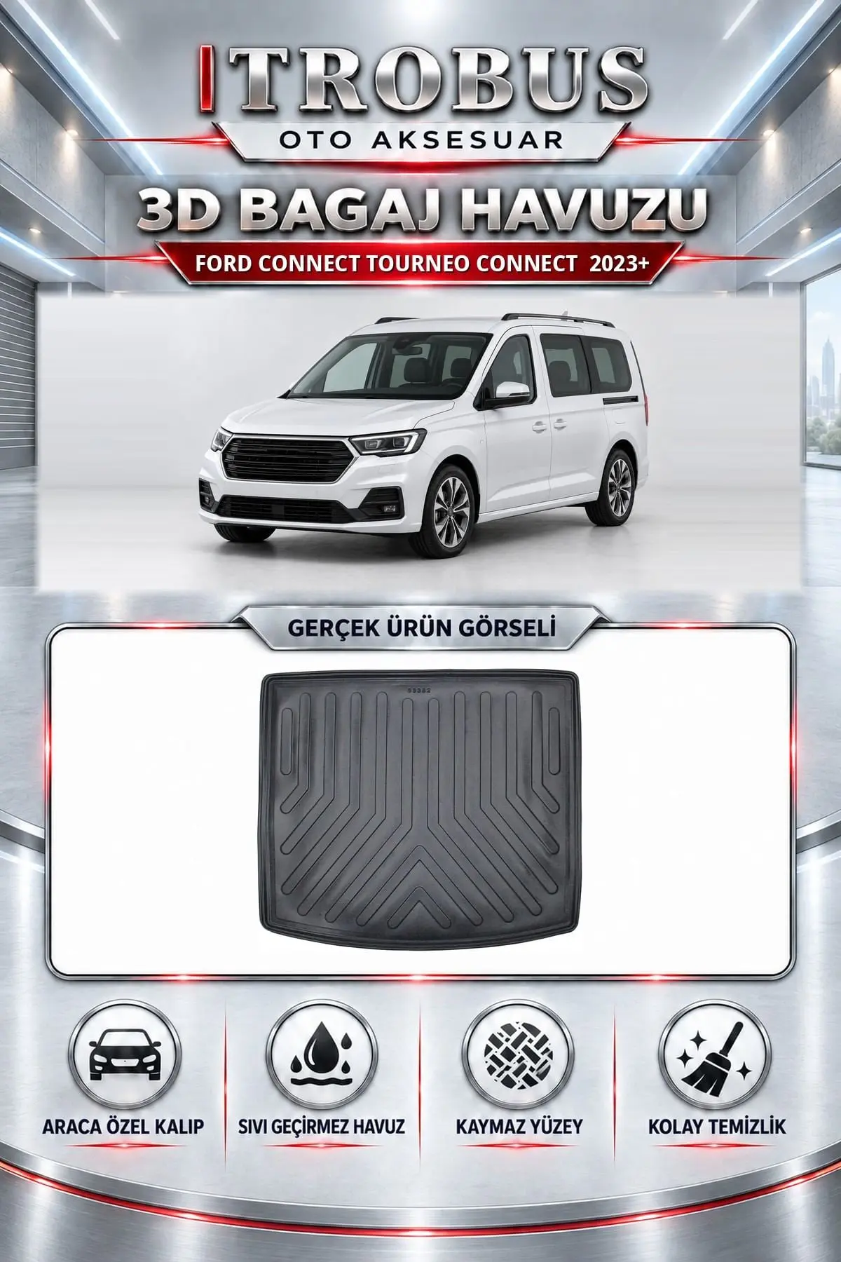 Ford Connect 2023 Sonrası Tourneo Connect Araca Özel 3D Bagaj Havuzu
