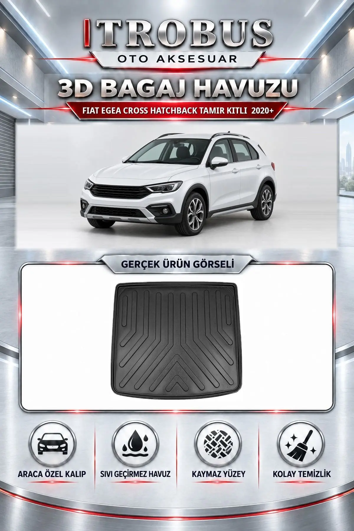 Fiat Egea Cross 2020 Sonrası Hatchback Tamir Kitli Araca Özel 3D Bagaj Havuzu