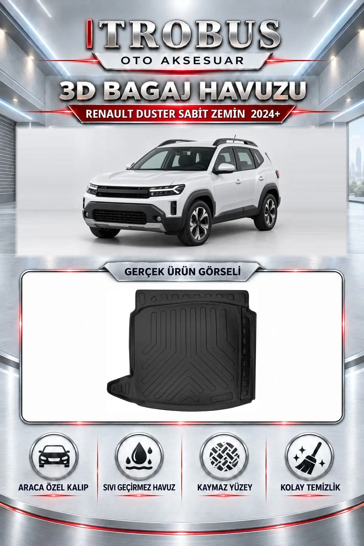 Renault Duster 2024 Sonrası Sabit Zemin Araca Özel 3D Bagaj Havuzu