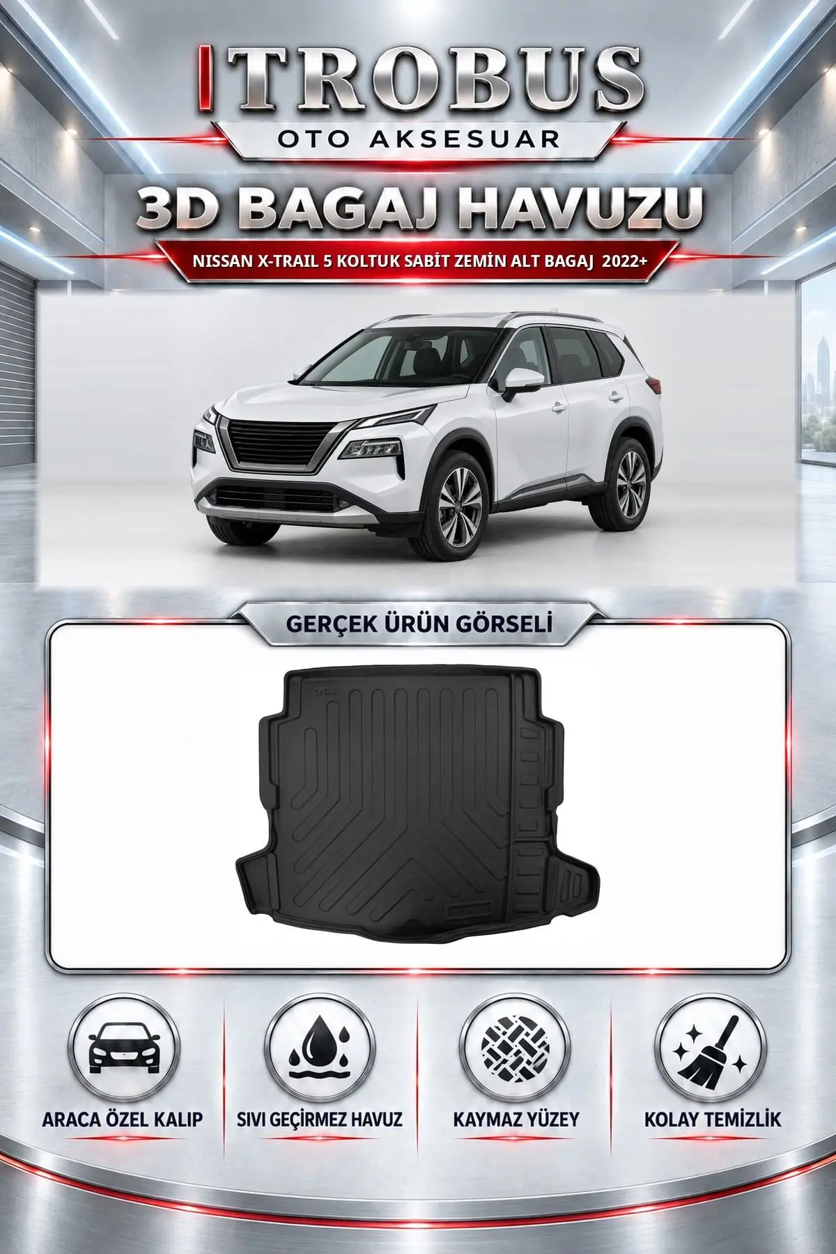Nissan X-Trail 5 Koltuk 2022 Sonrası Sabit Zemin Alt Bagaj Araca Özel 3D Bagaj Havuzu