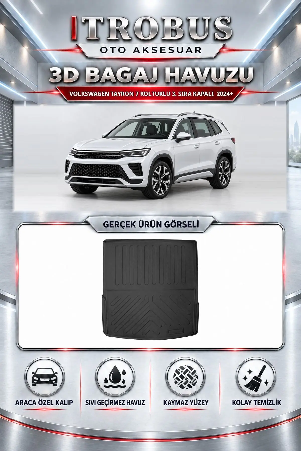 Volkswagen Tayron 2024 Sonrası 7 Koltuklu 3. Sıra Kapalı Araca Özel 3D Bagaj Havuzu