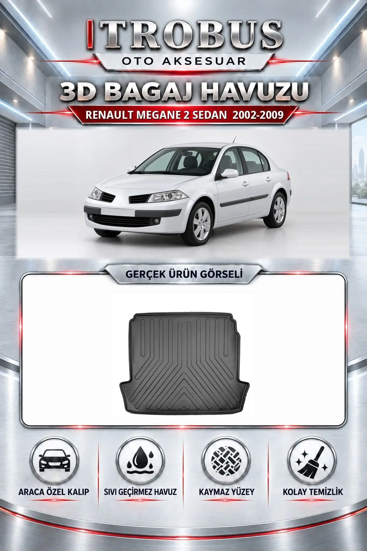 Renault Megane 2 2002-2009 Sedan Araca Özel 3D Bagaj Havuzu