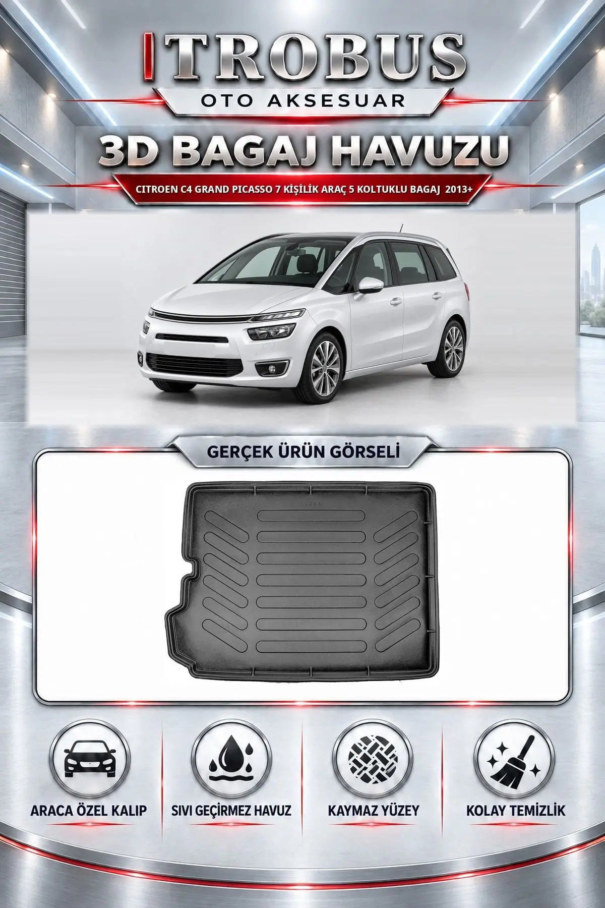 Citroen C4 Grand Picasso 2013 Sonrası 7 Kişilik Araç 5 Koltuklu Bagaj Araca Özel 3D Bagaj Havuzu