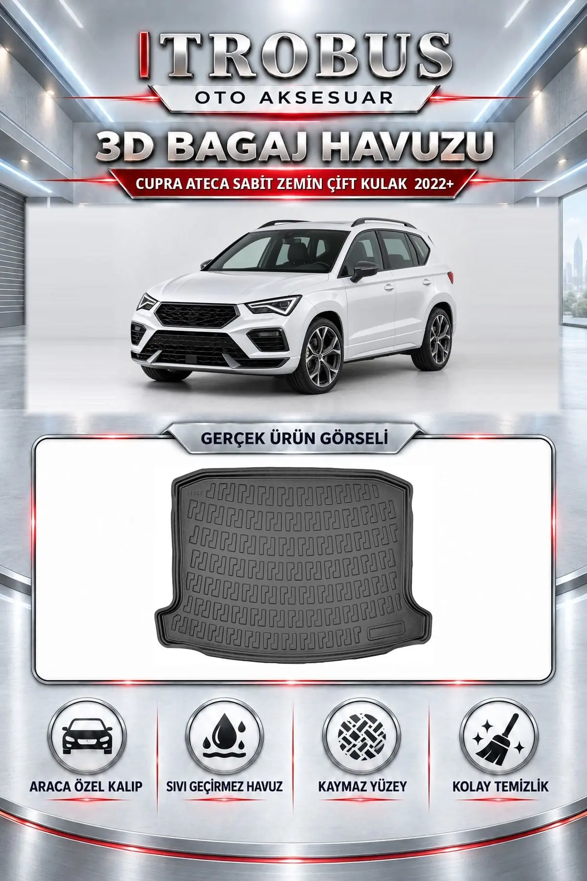 Cupra Ateca 2022 Sonrası Sabit Zemin Çift Kulak Araca Özel 3D Bagaj Havuzu