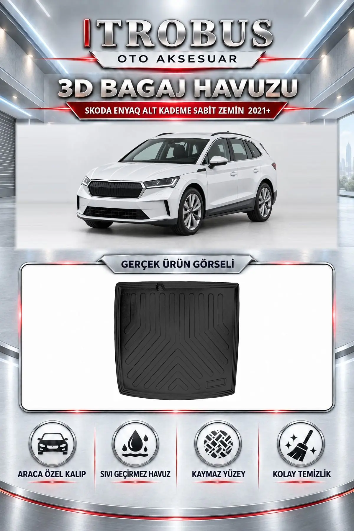 Skoda Enyaq 2021 Sonrası Alt Kademe Sabit Zemin Araca Özel 3D Bagaj Havuzu