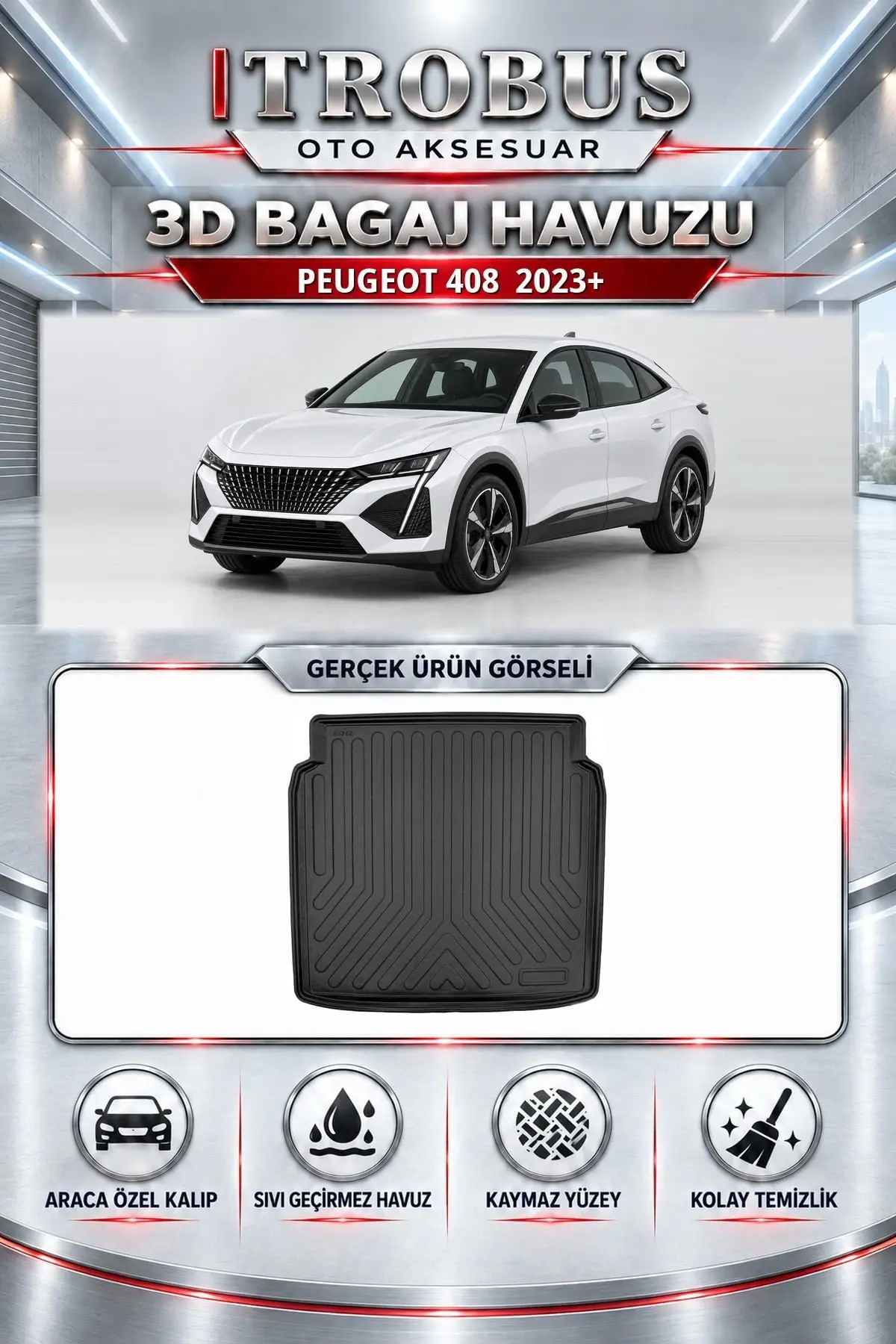 Peugeot 408 2023 Sonrası Araca Özel 3D Bagaj Havuzu