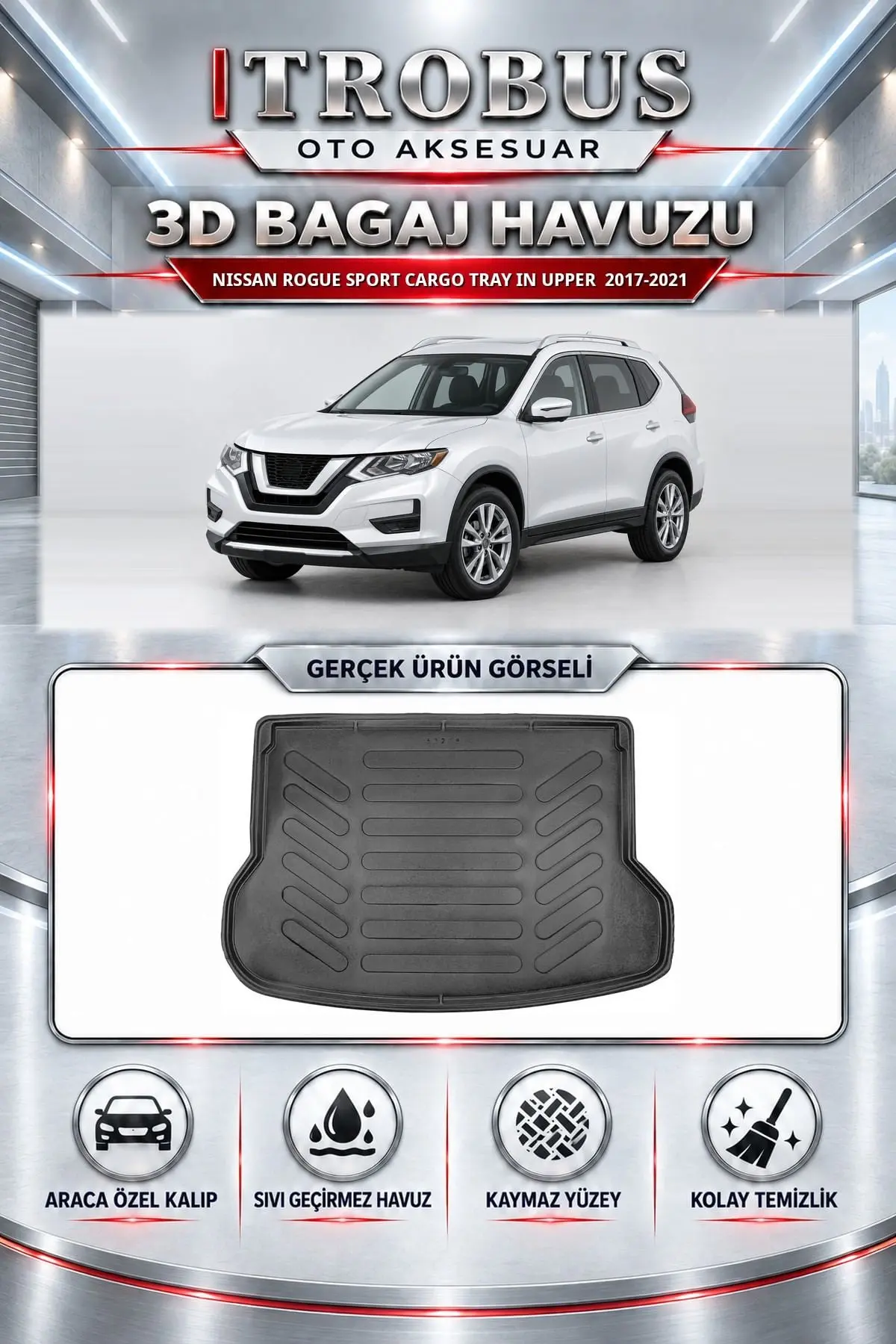 Nissan Rogue Sport Cargo Tray in Upper 2017-2021 Araca Özel 3D Bagaj Havuzu