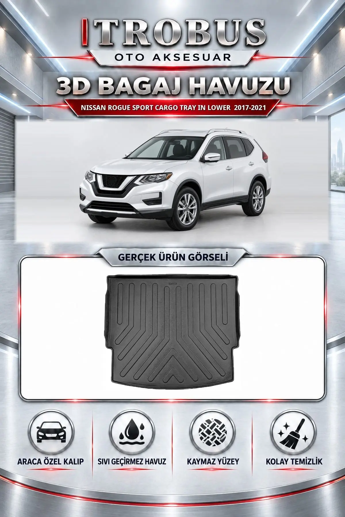 Nissan Rogue Sport Cargo Tray in Lower 2017-2021 Araca Özel 3D Bagaj Havuzu