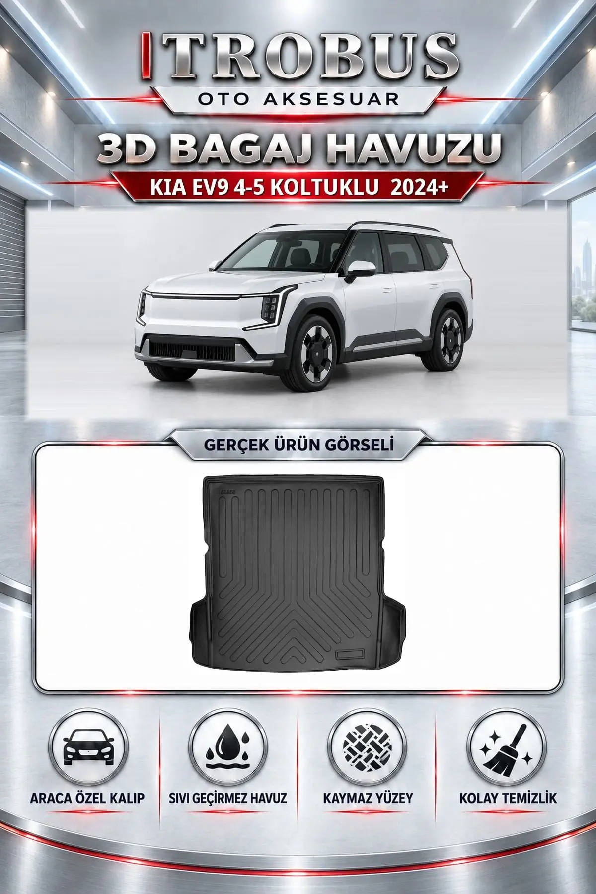 Kia EV9 2024 Sonrası 4-5 Koltuklu Araca Özel 3D Bagaj Havuzu
