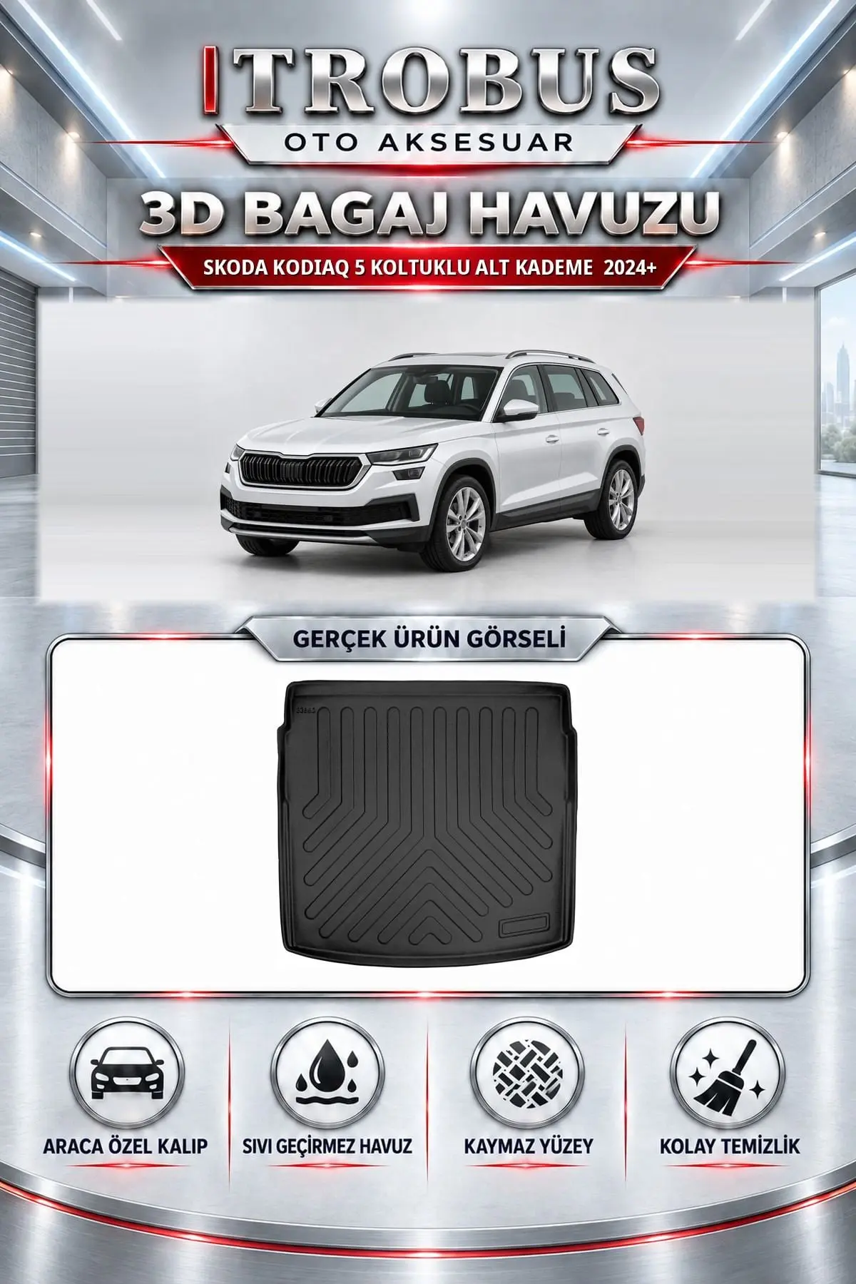 Skoda Kodiaq 2024 Sonrası 5 Koltuklu Alt Kademe Araca Özel 3D Bagaj Havuzu
