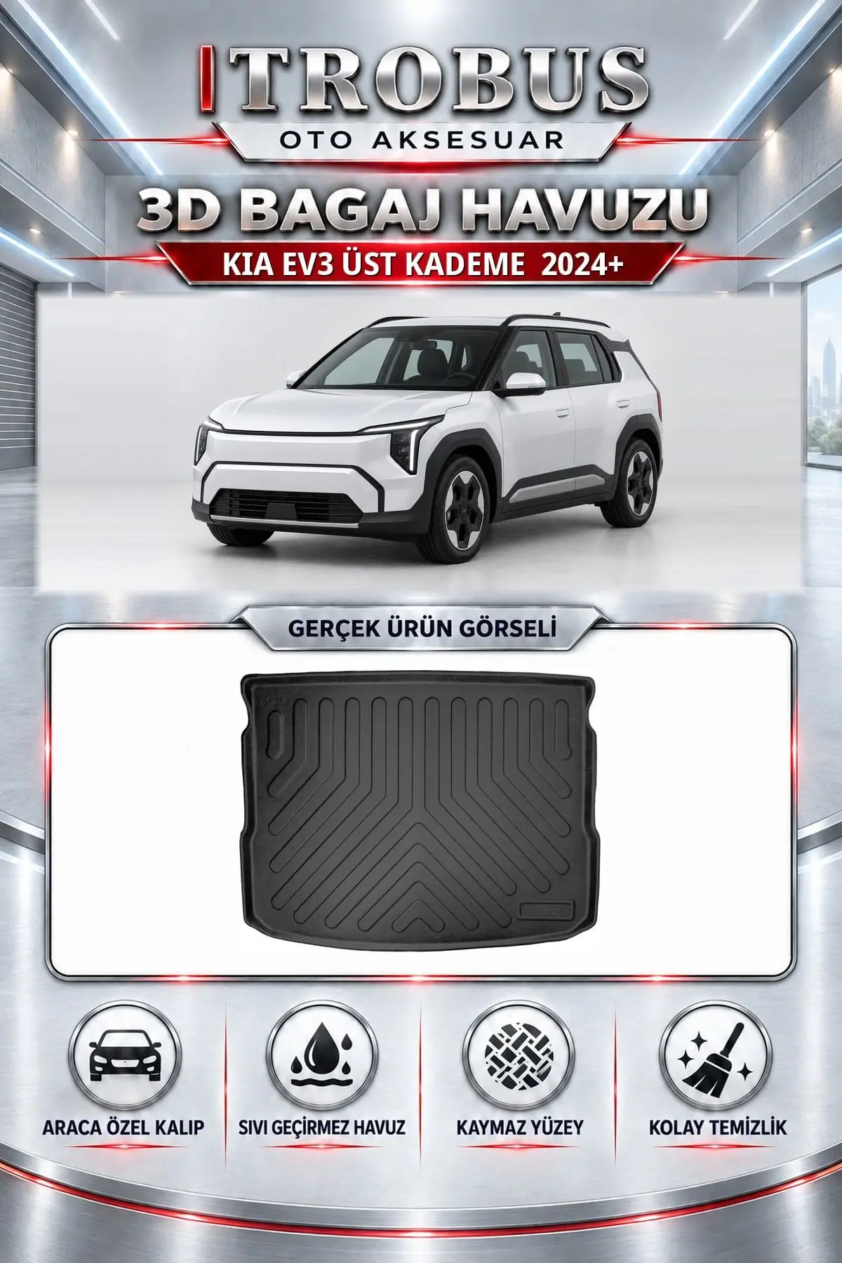 Kia EV3 2024 Sonrası Üst Kademe Araca Özel 3D Bagaj Havuzu