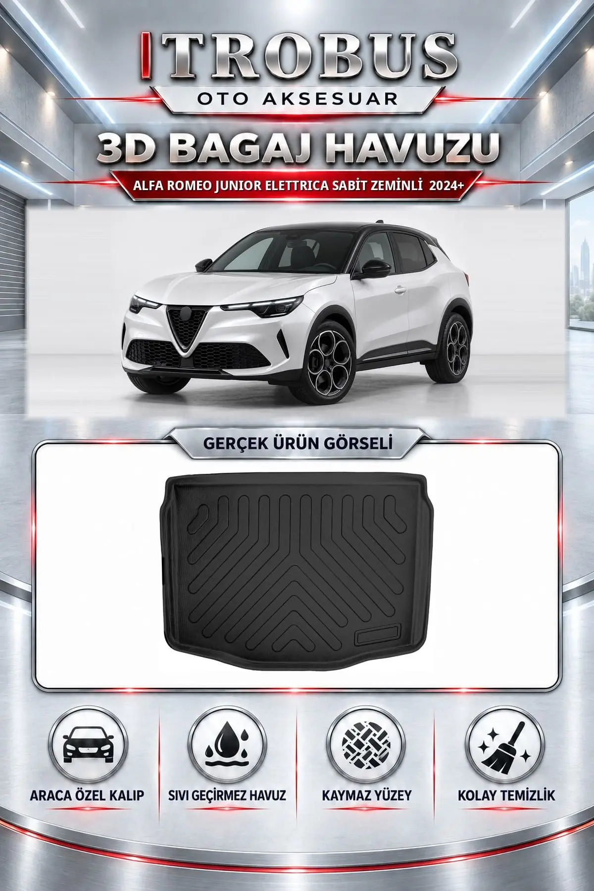 Alfa Romeo Junior Elettrica 2024 Sonrası Sabit Zeminli Araca Özel 3D Bagaj Havuzu