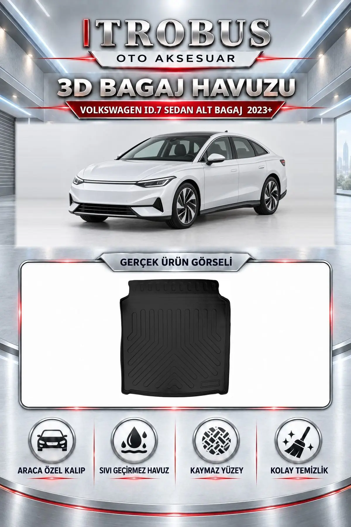 Volkswagen ID.7 Sedan 2023 Sonrası Alt Bagaj Araca Özel 3D Bagaj Havuzu