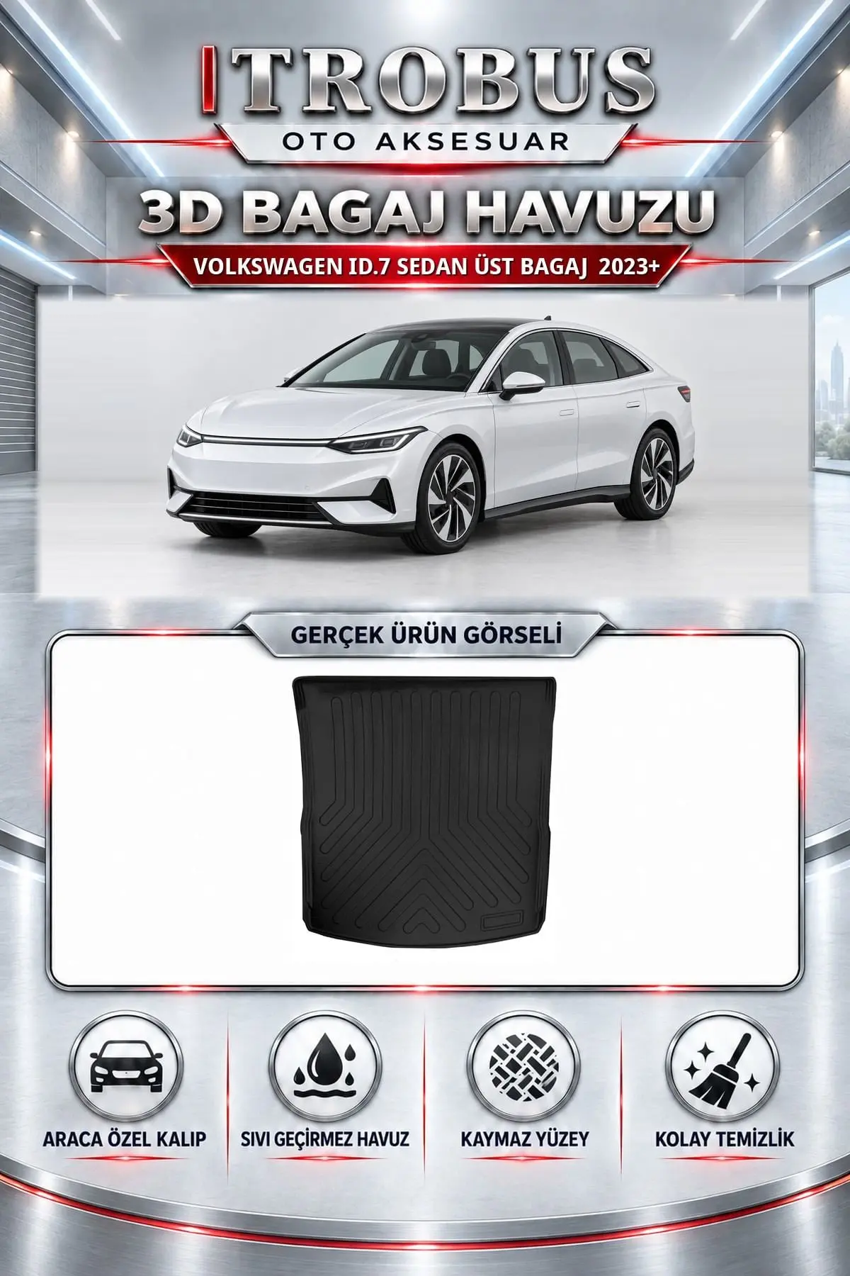 Volkswagen ID.7 Sedan 2023 Sonrası Üst Bagaj Araca Özel 3D Bagaj Havuzu