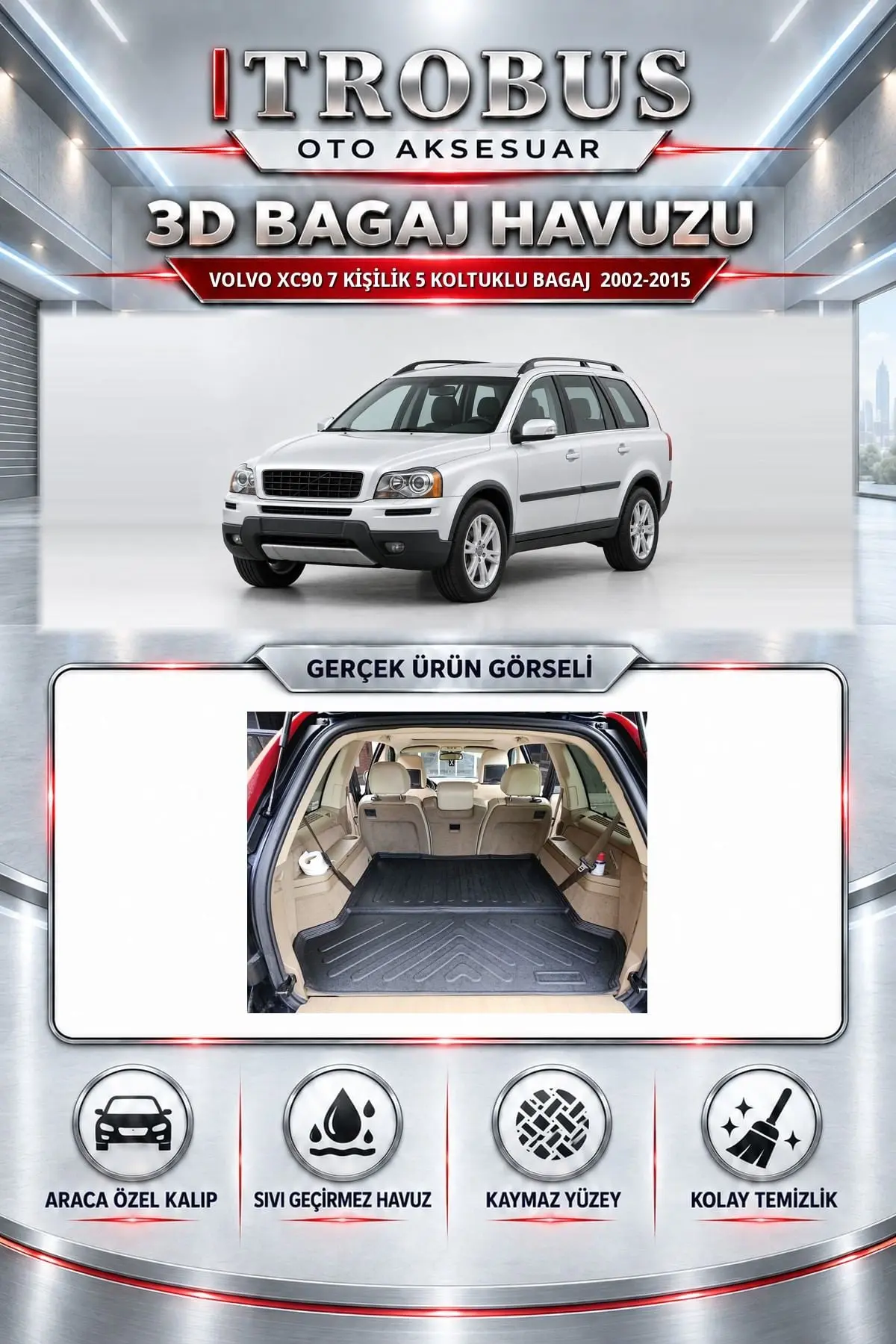 Volvo XC90 2002-2015 7 Kişilik 5 Koltuklu Bagaj Araca Özel 3D Bagaj Havuzu