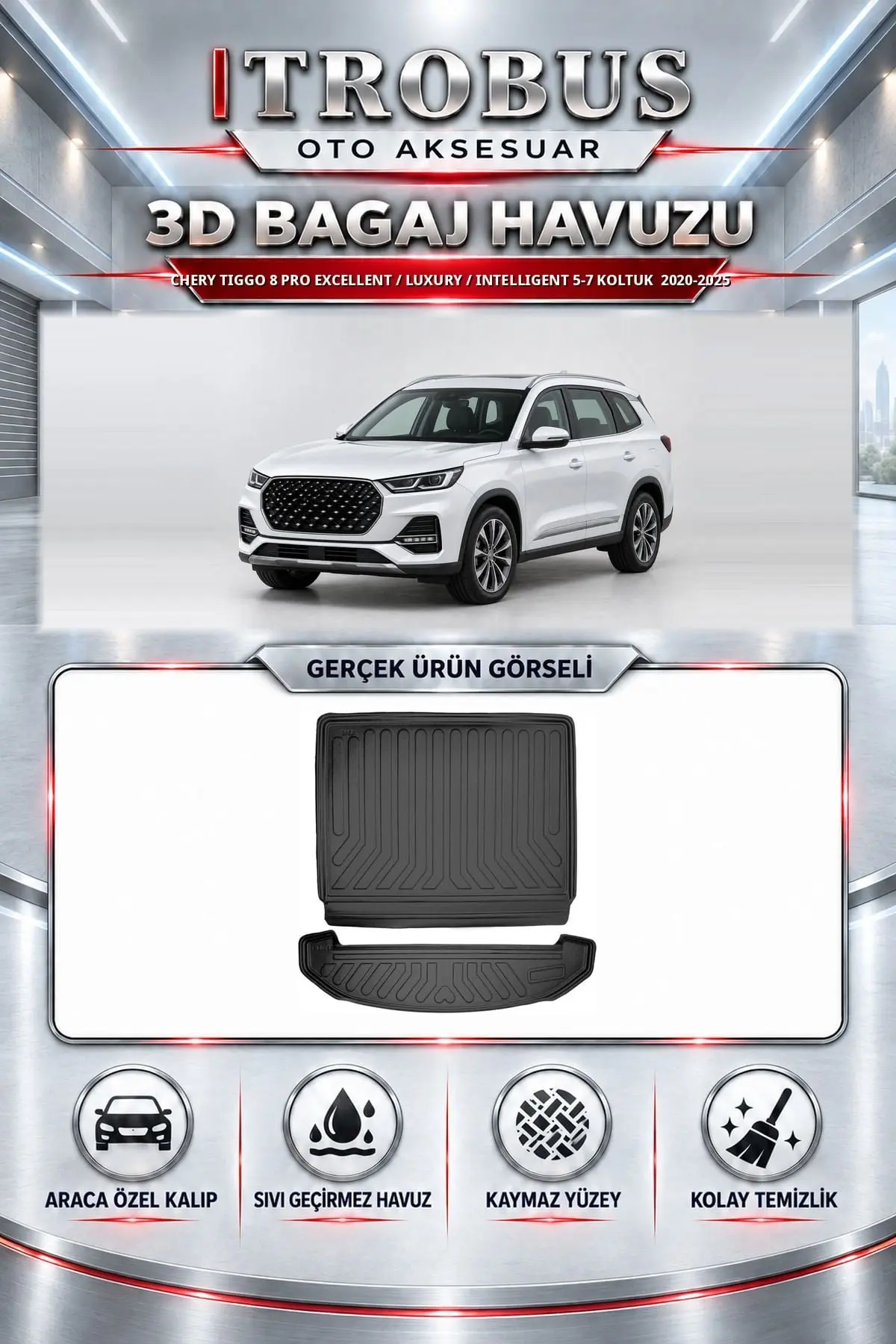 Chery Tiggo 8 Pro 2020-2025 Excellent / Luxury / Intelligent 5-7 Koltuk Araca Özel 3D Bagaj Havuzu