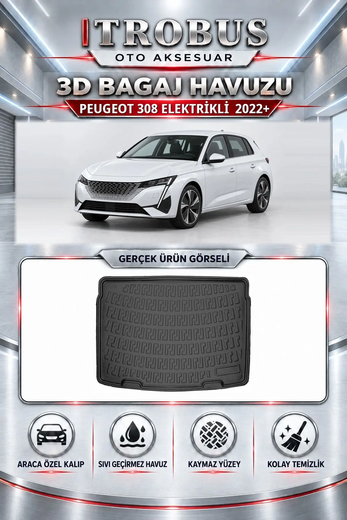 Peugeot 308 Elektrikli 2022 Sonrası Araca Özel 3D Bagaj Havuzu