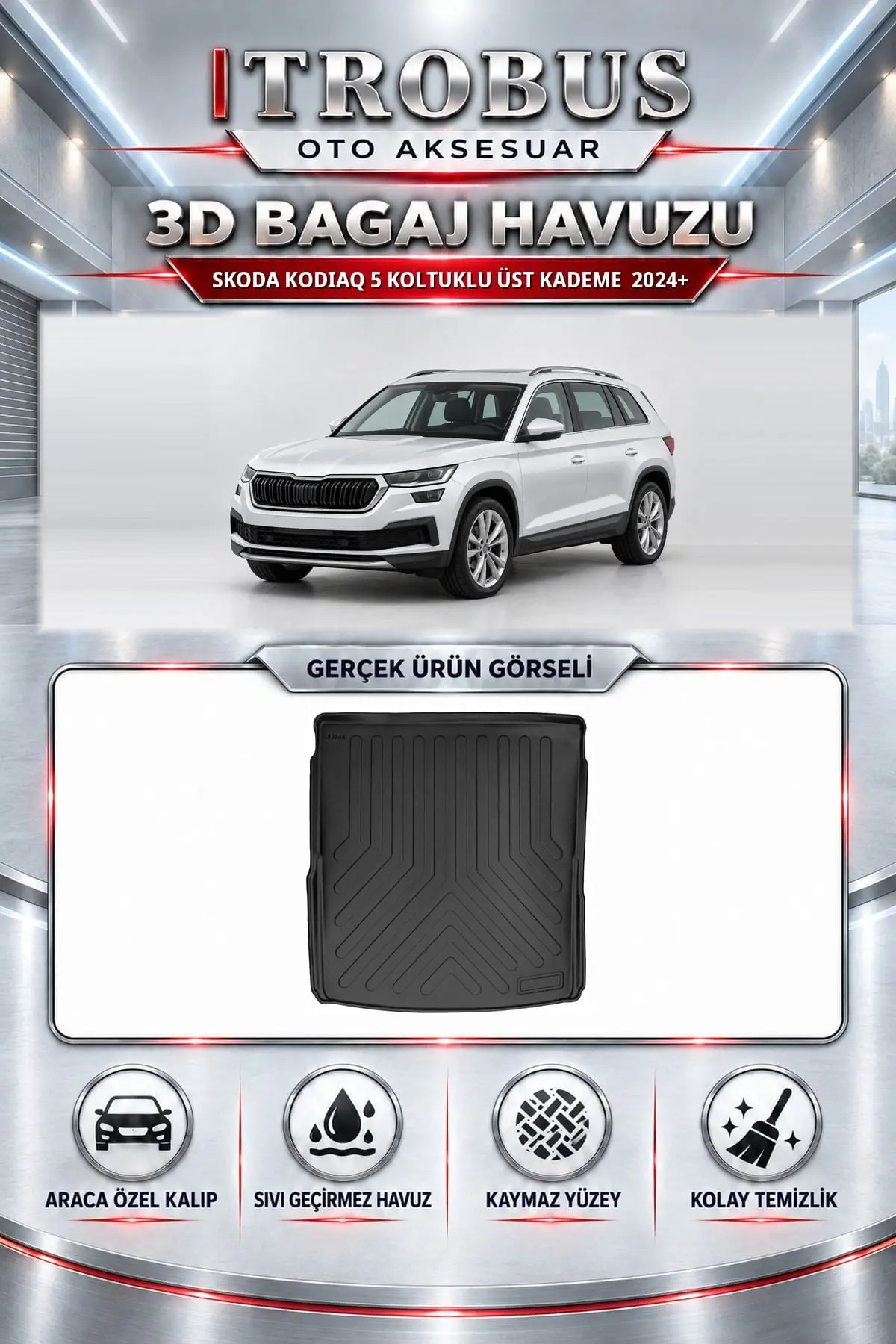 Skoda Kodiaq 2024 Sonrası 5 Koltuklu Üst Kademe Araca Özel 3D Bagaj Havuzu