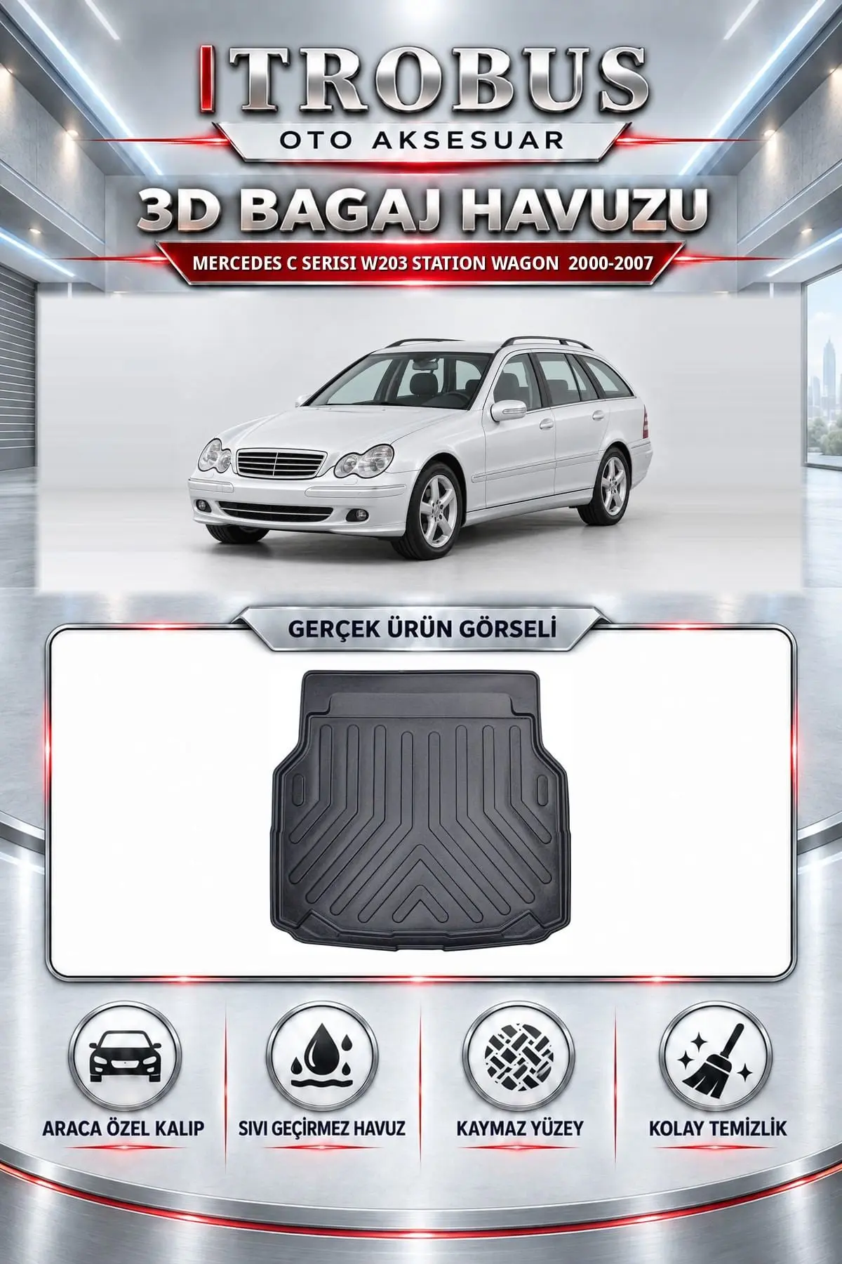 Mercedes-Benz C Serisi 2000-2007 W203 Station Wagon Araca Özel 3D Bagaj Havuzu