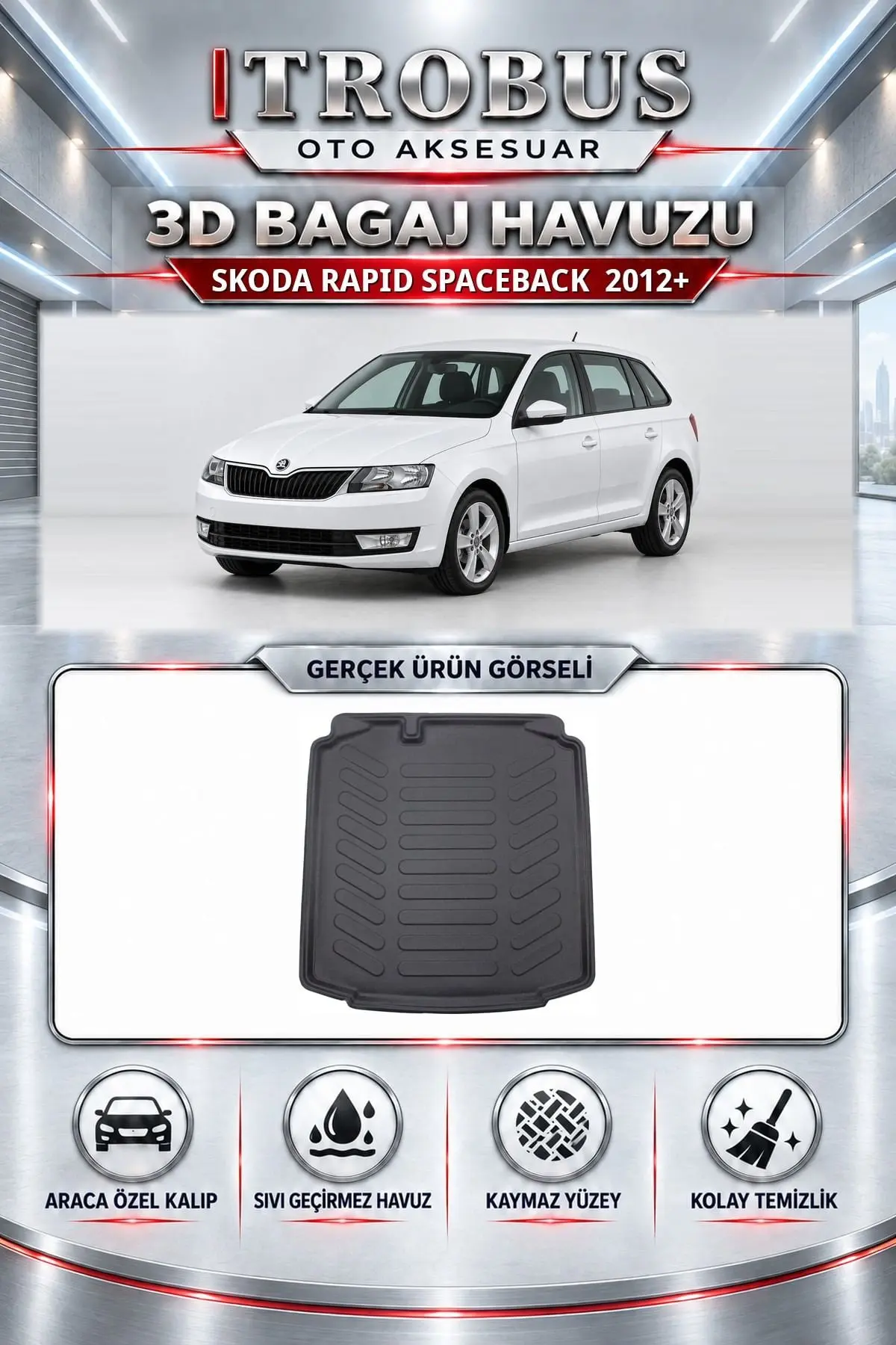 Skoda Rapid 2012 Sonrası Spaceback Araca Özel 3D Bagaj Havuzu