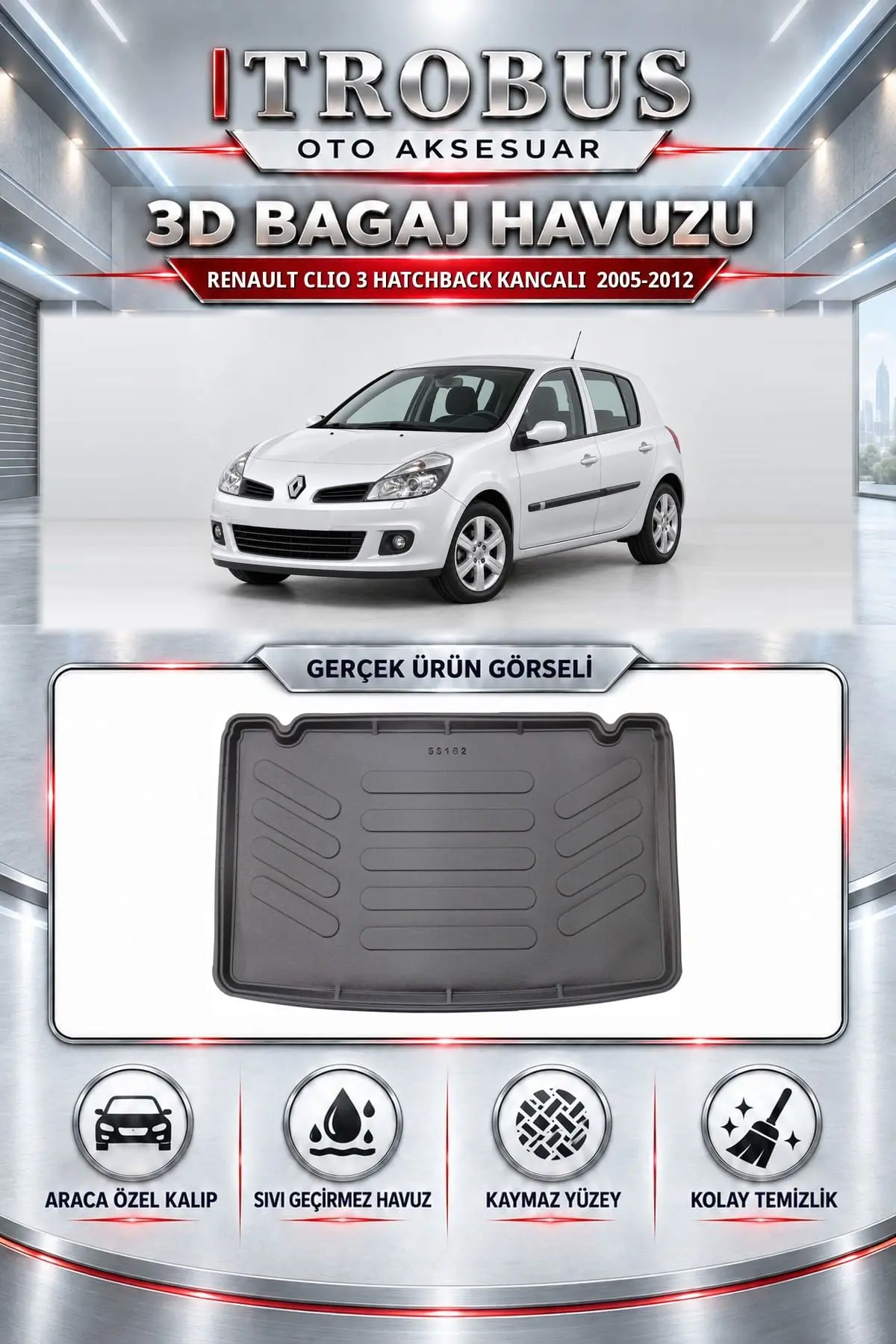 Renault Clio 3 2005-2012 Hatchback Kancalı Araca Özel 3D Bagaj Havuzu