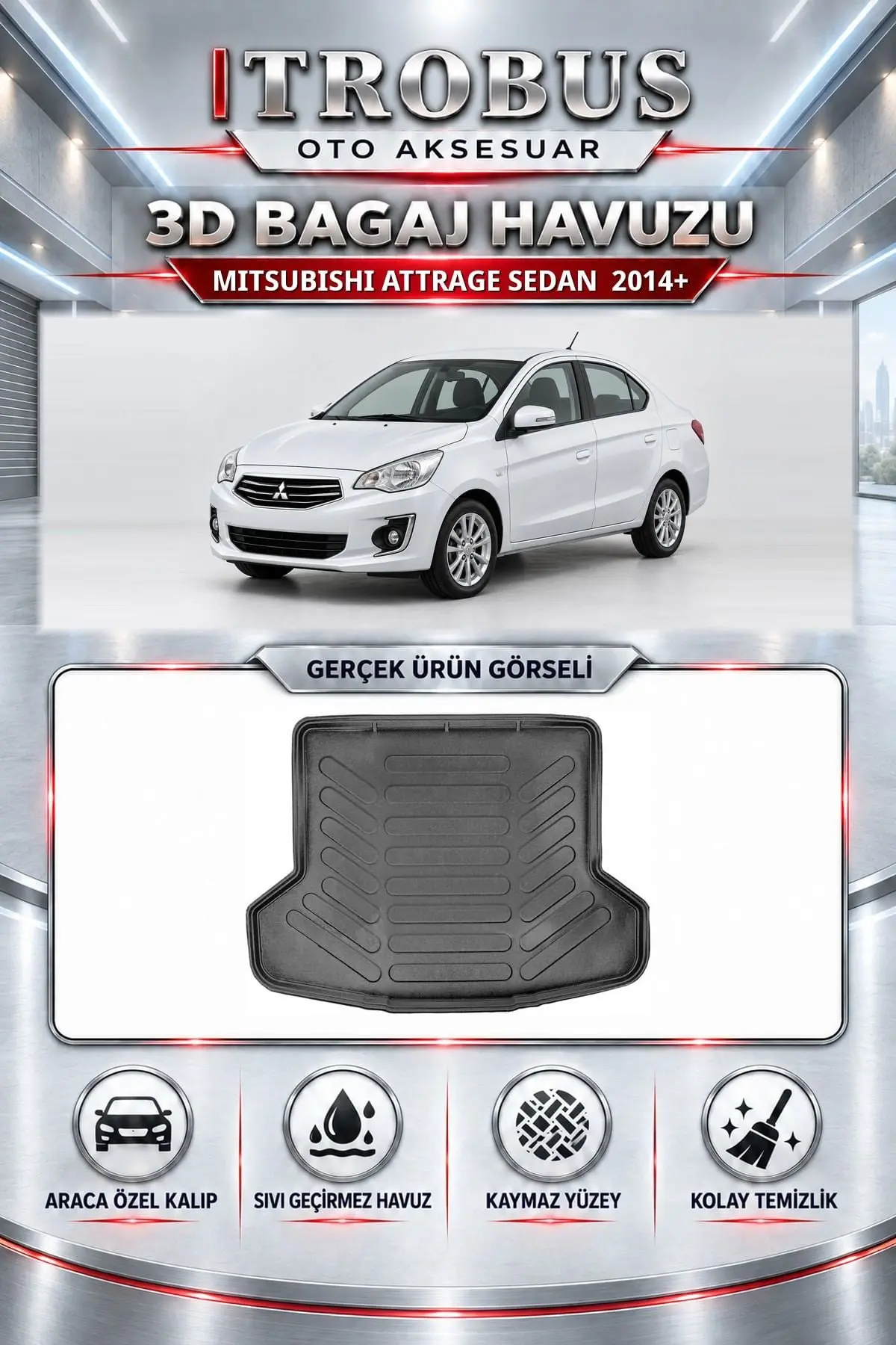 Mitsubishi Attrage Sedan 2014 Sonrası Araca Özel 3D Bagaj Havuzu