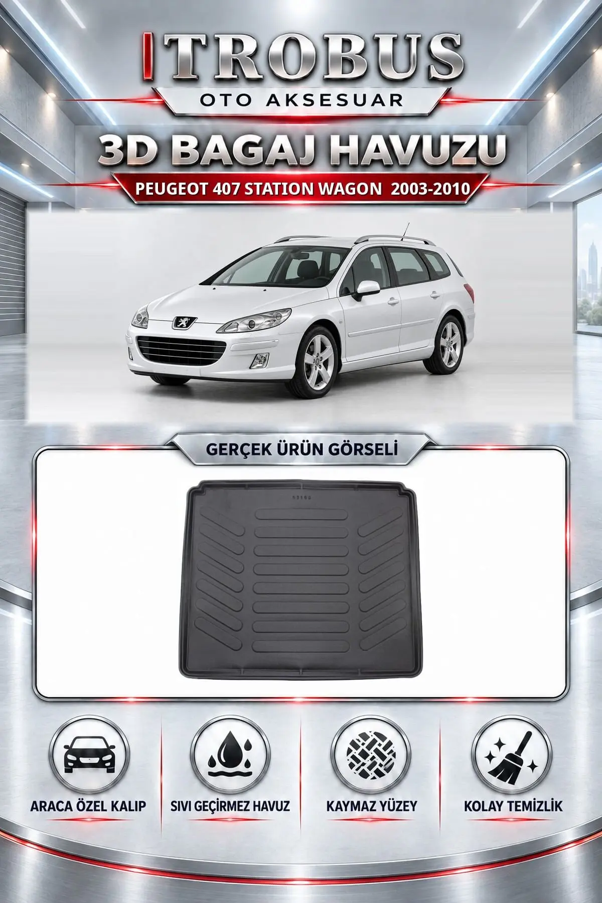 Peugeot 407 2003-2010 Station Wagon Araca Özel 3D Bagaj Havuzu